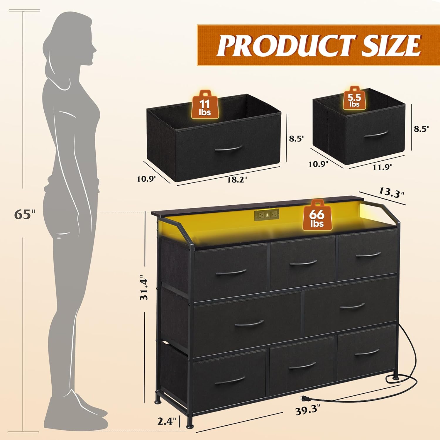 Alternative view of WLIVE Led Dresser for Bedroom, Black Dresser TV Stand for Bedroom with LED Lights and Power Outlet, Wide Chest of Drawers for Hallway, 8 Fabric Drawers for Living Room and Entryway, Easy to Assemble