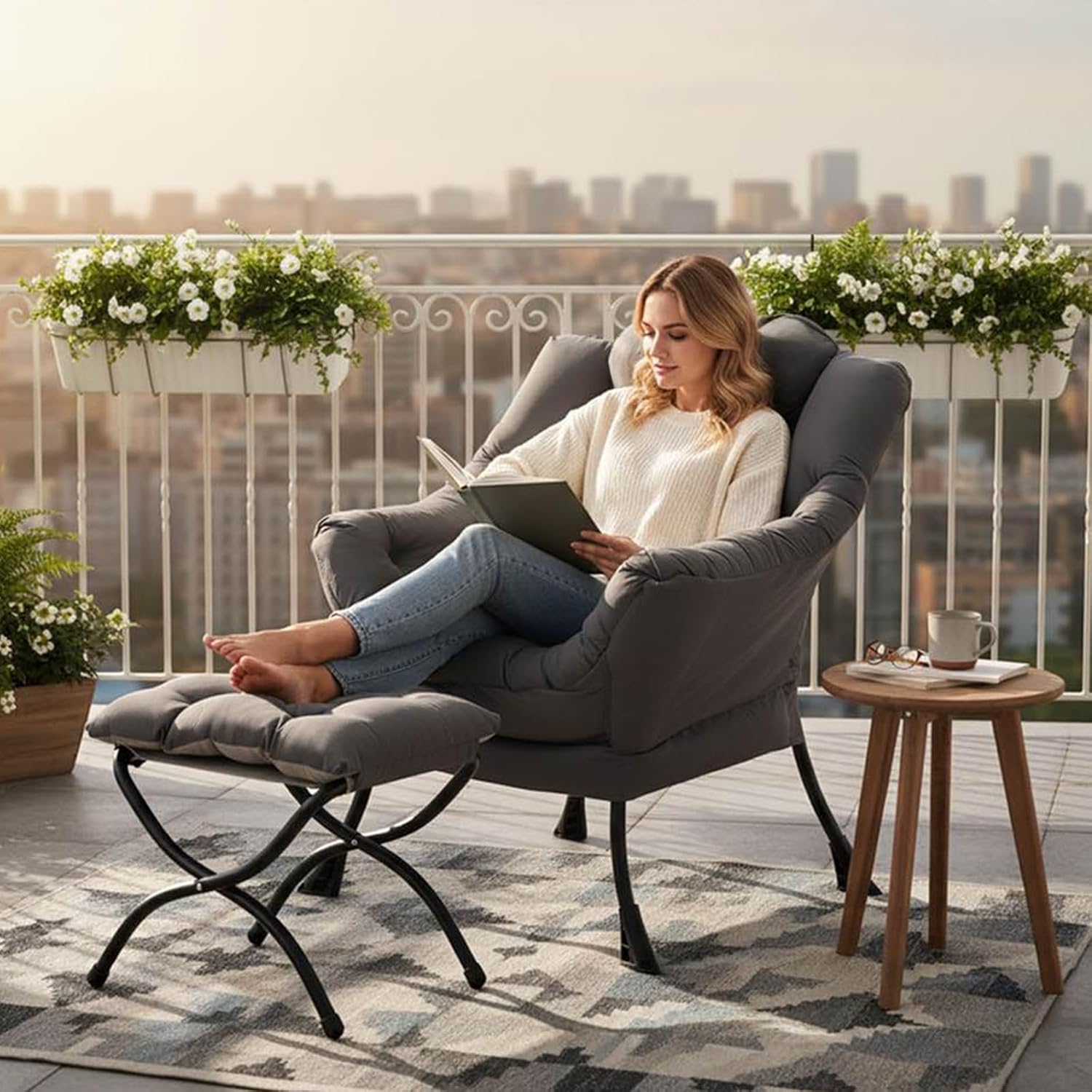 Tiita Lazy Chair with Ottoman, Modern Large Accent Lounge Chair, Leisure Sofa Armchair with Ottoman, Reading Chair with Footrest for Bedroom, Living Room, Dorm Rooms, Garden Dark Grey