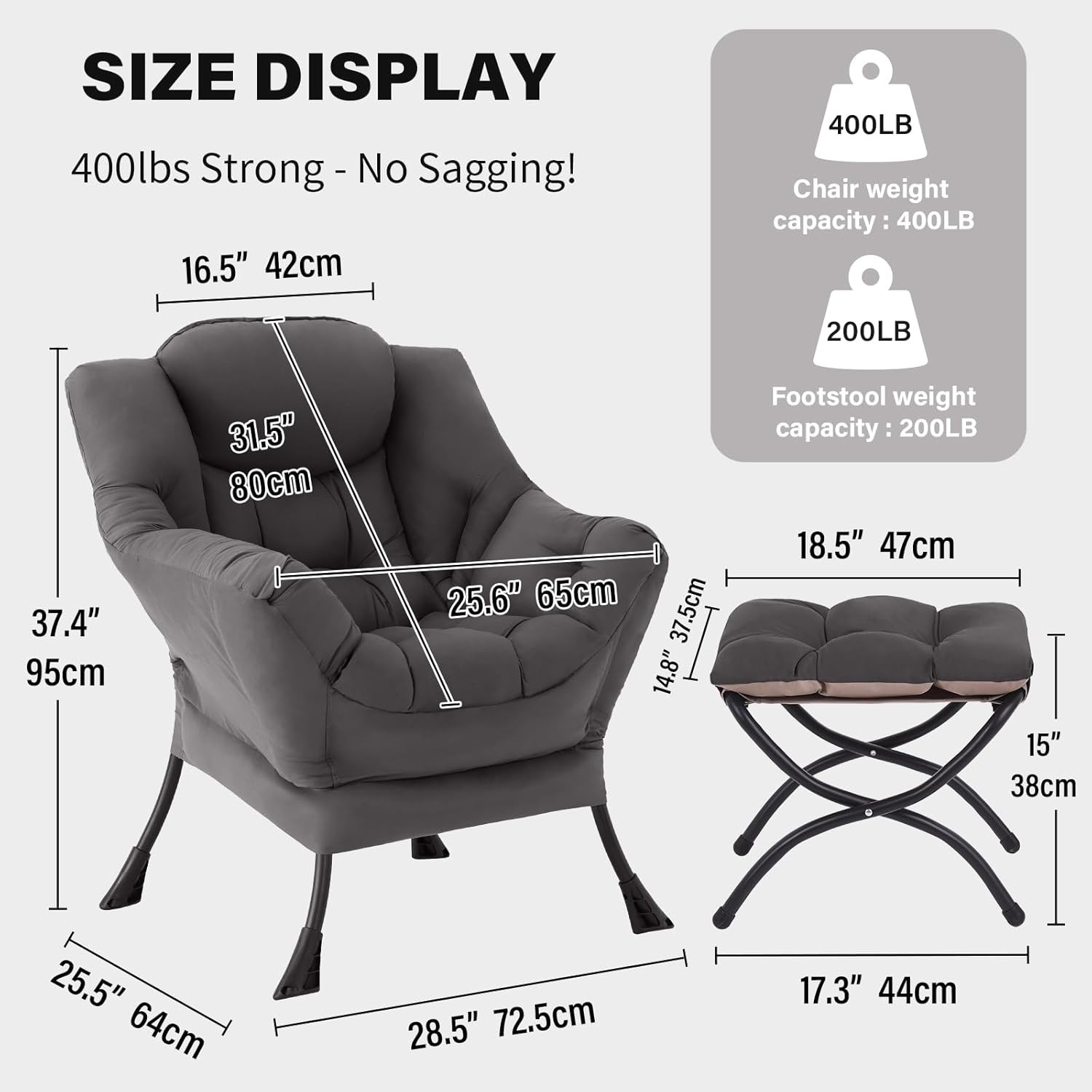 Alternative view of Tiita Lazy Chair with Ottoman, Modern Large Accent Lounge Chair, Leisure Sofa Armchair with Ottoman, Reading Chair with Footrest for Bedroom, Living Room, Dorm Rooms, Garden Dark Grey