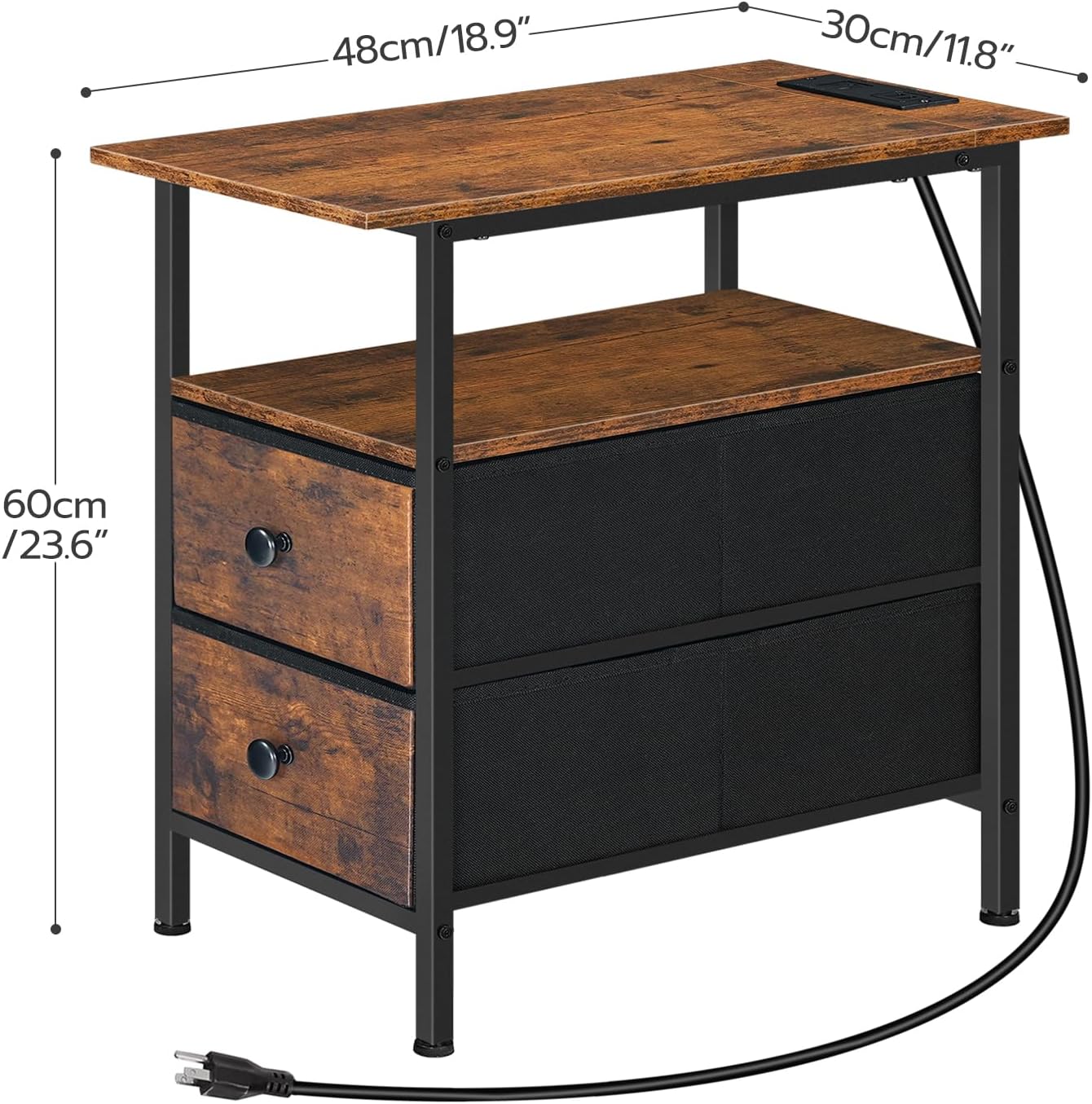 Alternative view of HOOBRO End Table with Charging Station, Narrow Side Table, Nightstand with 2 Non-Woven Drawers, Slim Sofa Side Table, for Small Spaces, Living Room, Bedroom, Rustic Brown and Black BF486UBZ01