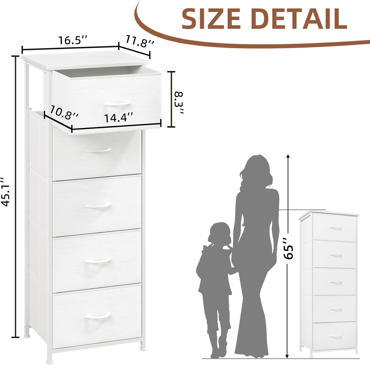 Alternative view of Somdot Dresser for Bedroom,Chest of Drawers Storage Organizer,Steel, MDF,Non-Woven Fabric Drawers,Closet Bedside Living Room Entryway Hallway,11.8" D x 16.5" W x 45.1" H (5 Drawers) White Leather,1