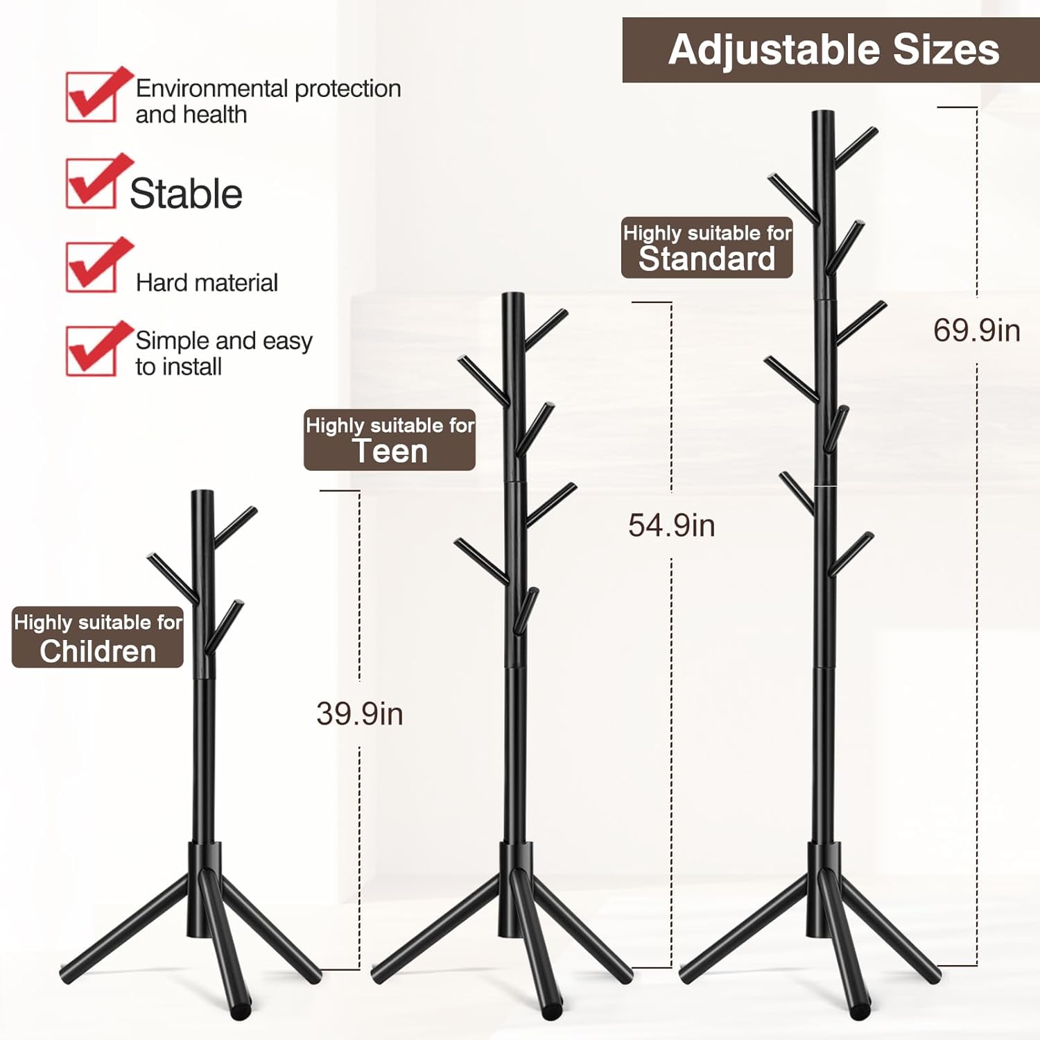 Alternative view of WANGMUXIA Coat Rack, Freestanding Coat Rack with 8 Hooks and 3 Adjustable Size Tree Coat Racks for Bedroom, Hallway, Entrance, Office, for Hats, Coats, Scarves, Handbags