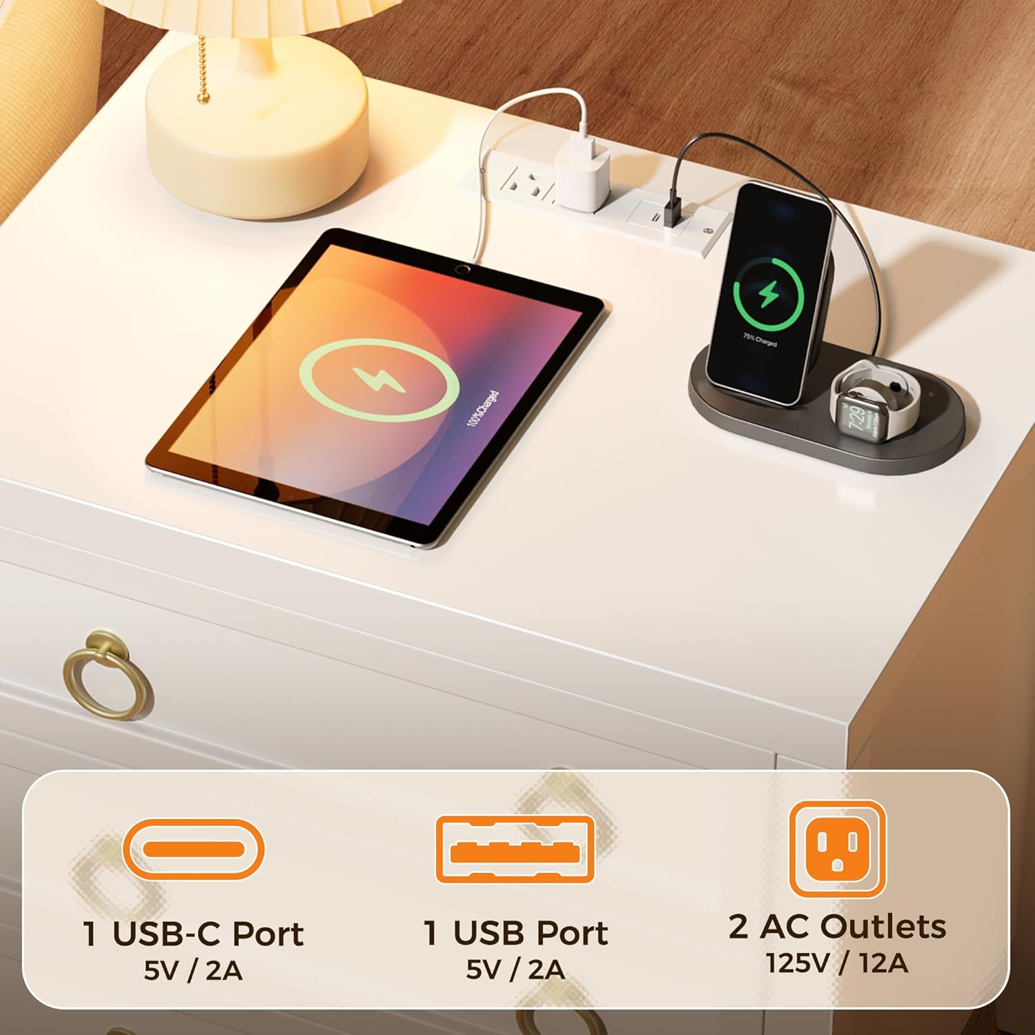 Alternative view of Huuger 23.6 Inch Night Stand with Charger Station and USB-C Port, 3 Drawer Nightstand, Larger Wider Bedside Table, Modern Side End Table, for Bedroom, White Nightstand