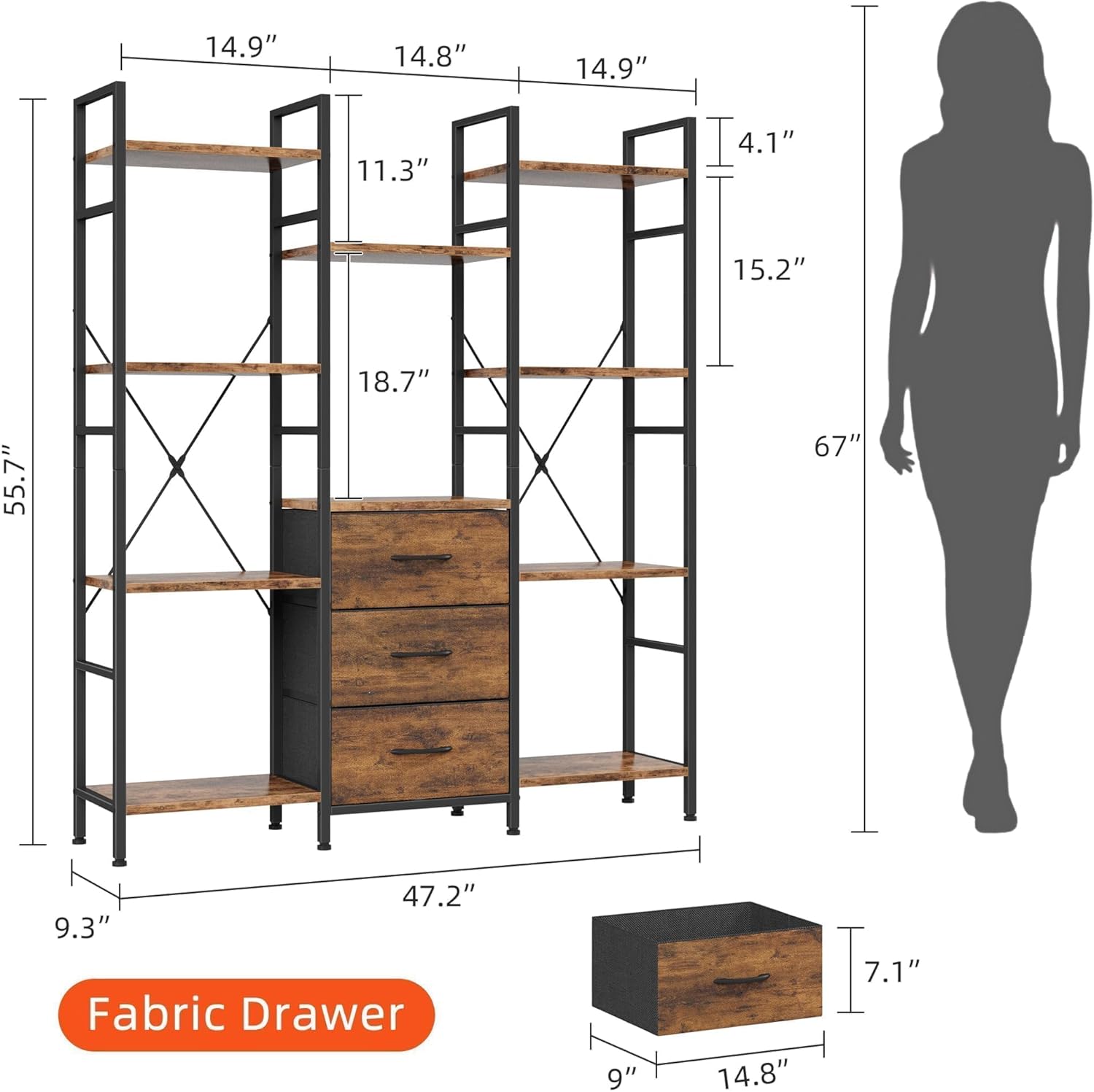 Alternative view of AFLUI Triple Bookshelf with 3 Fabric Drawers, 4-Tier Book Shelf and 10 Display Shelves, Industrial Large Bookcase for Home & Office, Rustic Brown, 47'' Wide