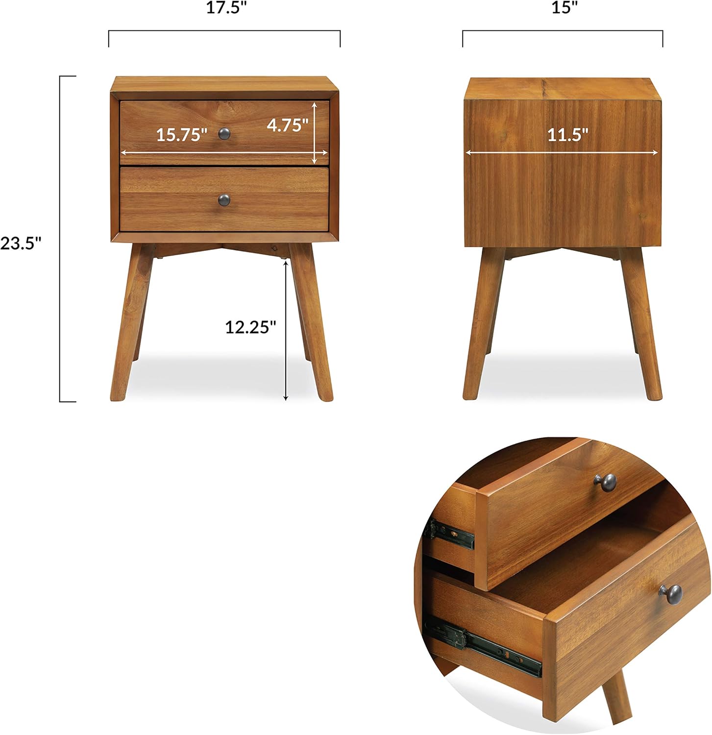 Alternative view of Poly & BARK Dorsey Nightstand - Mid-Century Modern Nightstand u2013 Solid Wood Bedside Table with 2 Drawers, Acorn Walnut Finish, 23.5" Tall