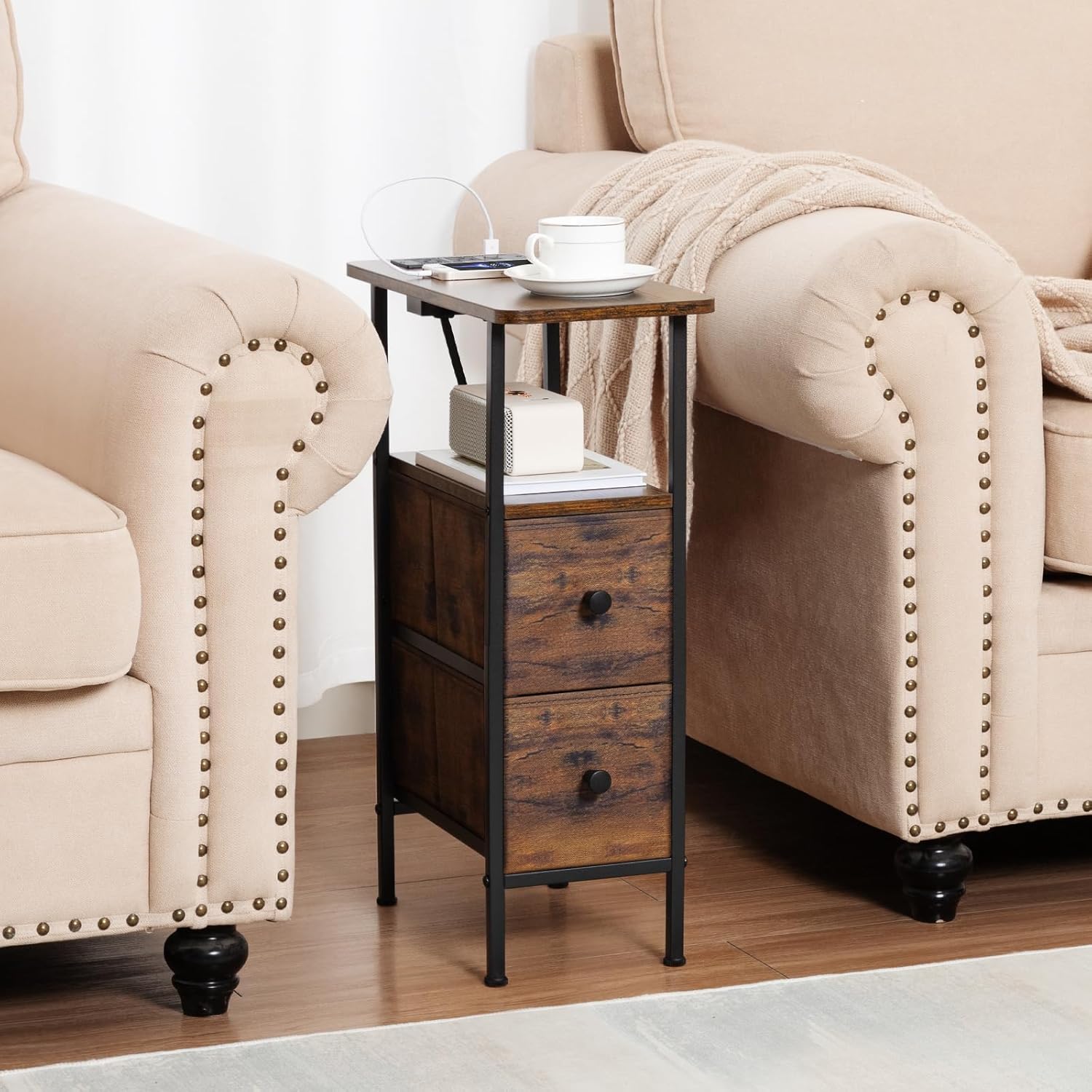 LOAKEKEL Narrow Nightstand with Charging Station, End Tables Living Room Set of 2, Skinny Side Table with Fabric Drawers, Slim Sofa Table for Bedroom, Small Spaces, Couch, Rustic Brown, HETNDP02PBR