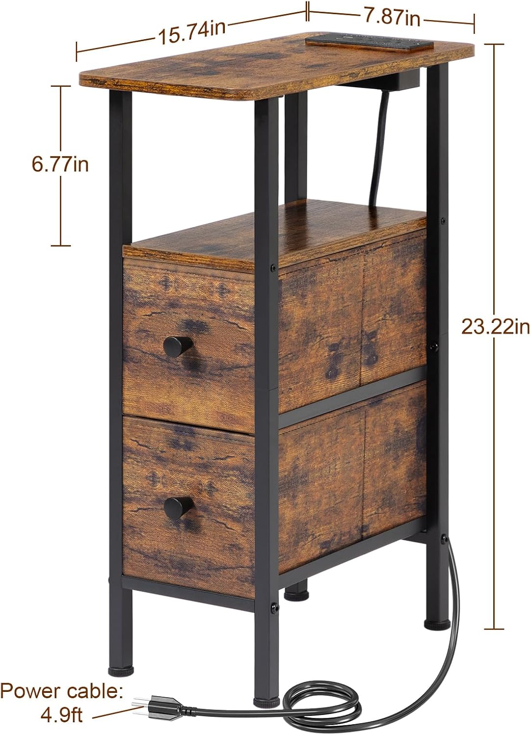 Alternative view of LOAKEKEL Narrow Nightstand with Charging Station, End Tables Living Room Set of 2, Skinny Side Table with Fabric Drawers, Slim Sofa Table for Bedroom, Small Spaces, Couch, Rustic Brown, HETNDP02PBR