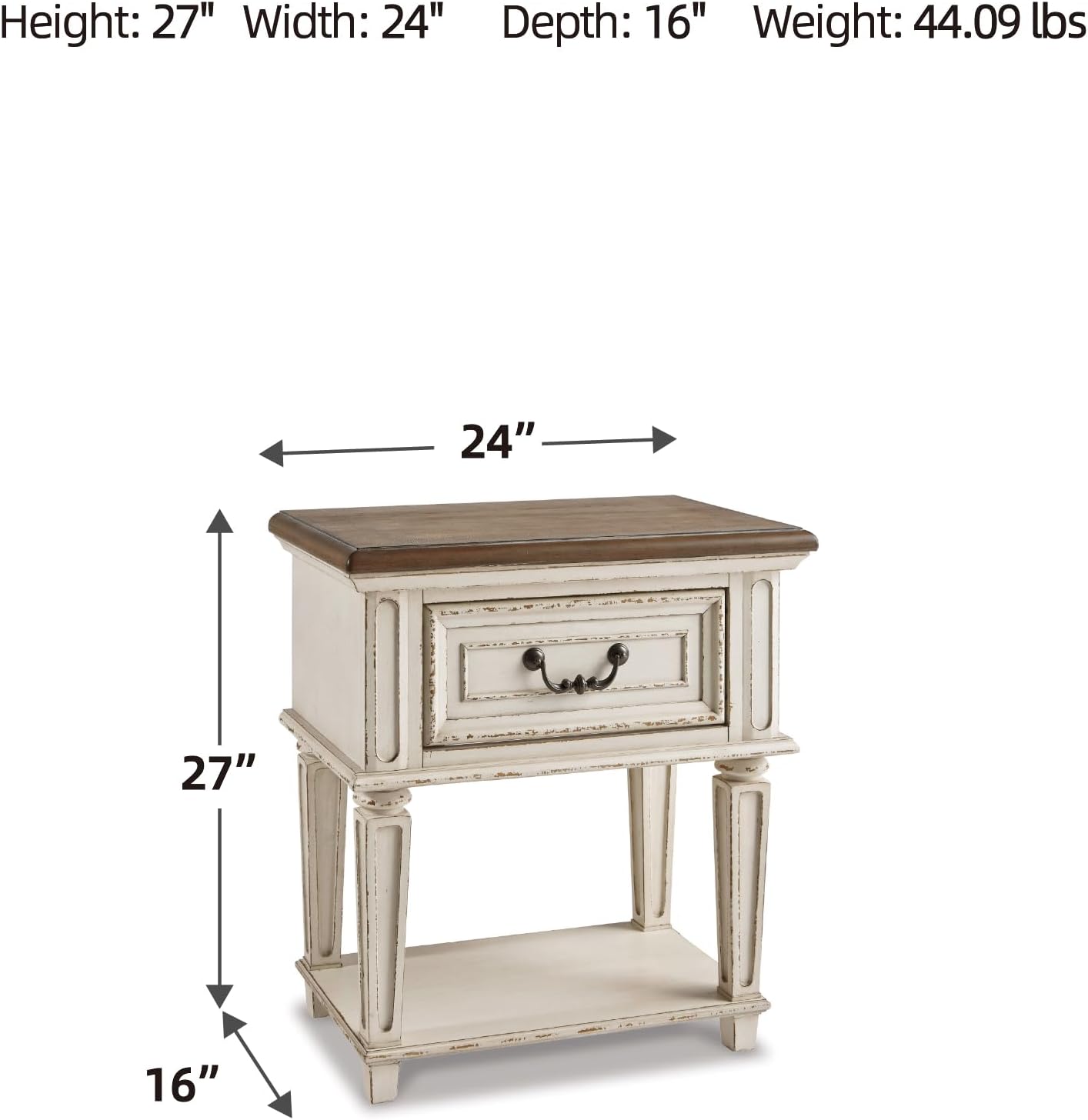 Alternative view of Signature Design by Ashley Realyn Traditional Cottage 1 Drawer Nightstand with Dovetail Construction & Open Display Shelf, Chipped White, 27" Tall, Distressed Brown