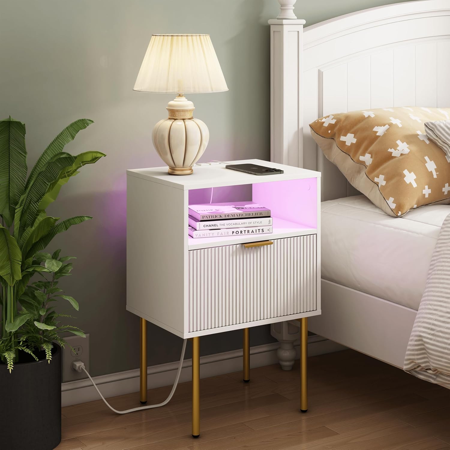 Alternative view of Modern Nightstand with Charging Station and LED Lights, White Bedside Table with Drawer, Fluted Side Table for Living Room, Bedroom