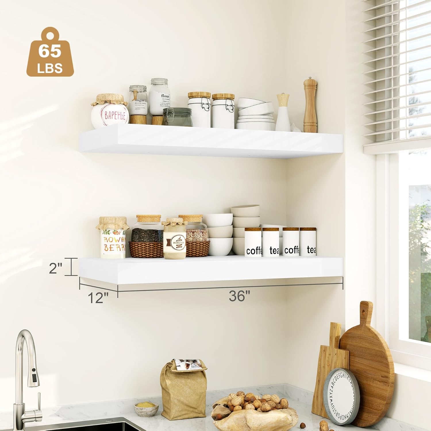 Alternative view of 12" Deep White Floating Shelves,Over Toilet Long Wall Mounted Modern Farmhouse 36 inches,Wall Shelves with Invisible Brackets for Bedroom, Bathroom, Living Room, Kitchen, Set of 1