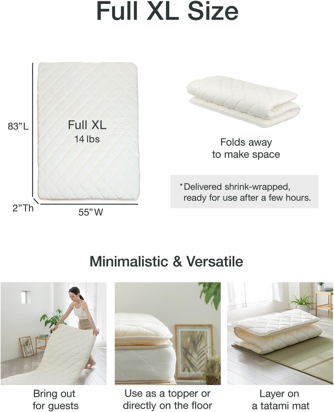 FULI Japanese Futon, Foldable & Portable Floor Lounger Bed, Roll Up Sleeping Pad, Shikibuton, Made in Japan (White, Full XL)