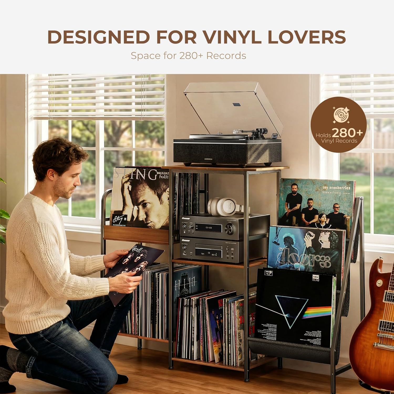 Alternative view of Vinyl Record Stand, 3-Tier Record Player Table with Left and Right Storage for Living Room Bedroom