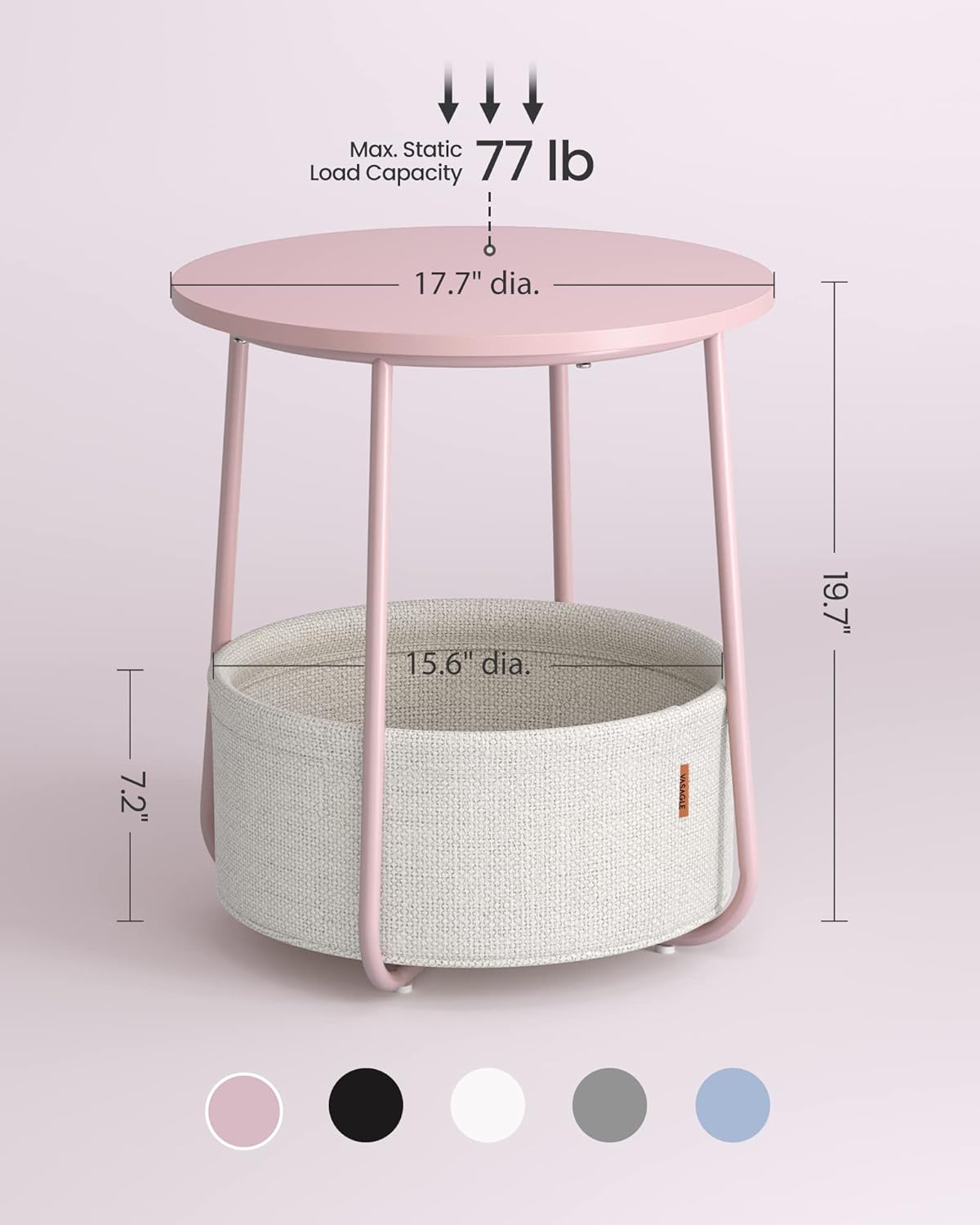 VASAGLE LILEA Collection - Small Round Side End Table, Modern Nightstand with Fabric Basket, Jelly Pink and Cream White ULET223R61