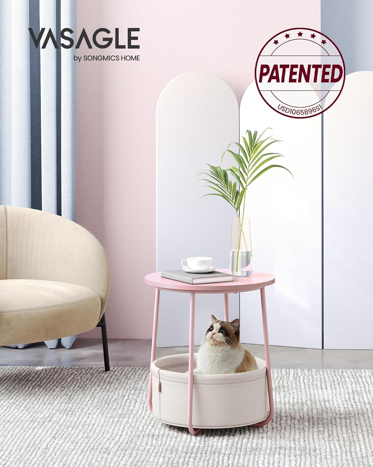 Alternative view of VASAGLE LILEA Collection - Small Round Side End Table, Modern Nightstand with Fabric Basket, Jelly Pink and Cream White ULET223R61