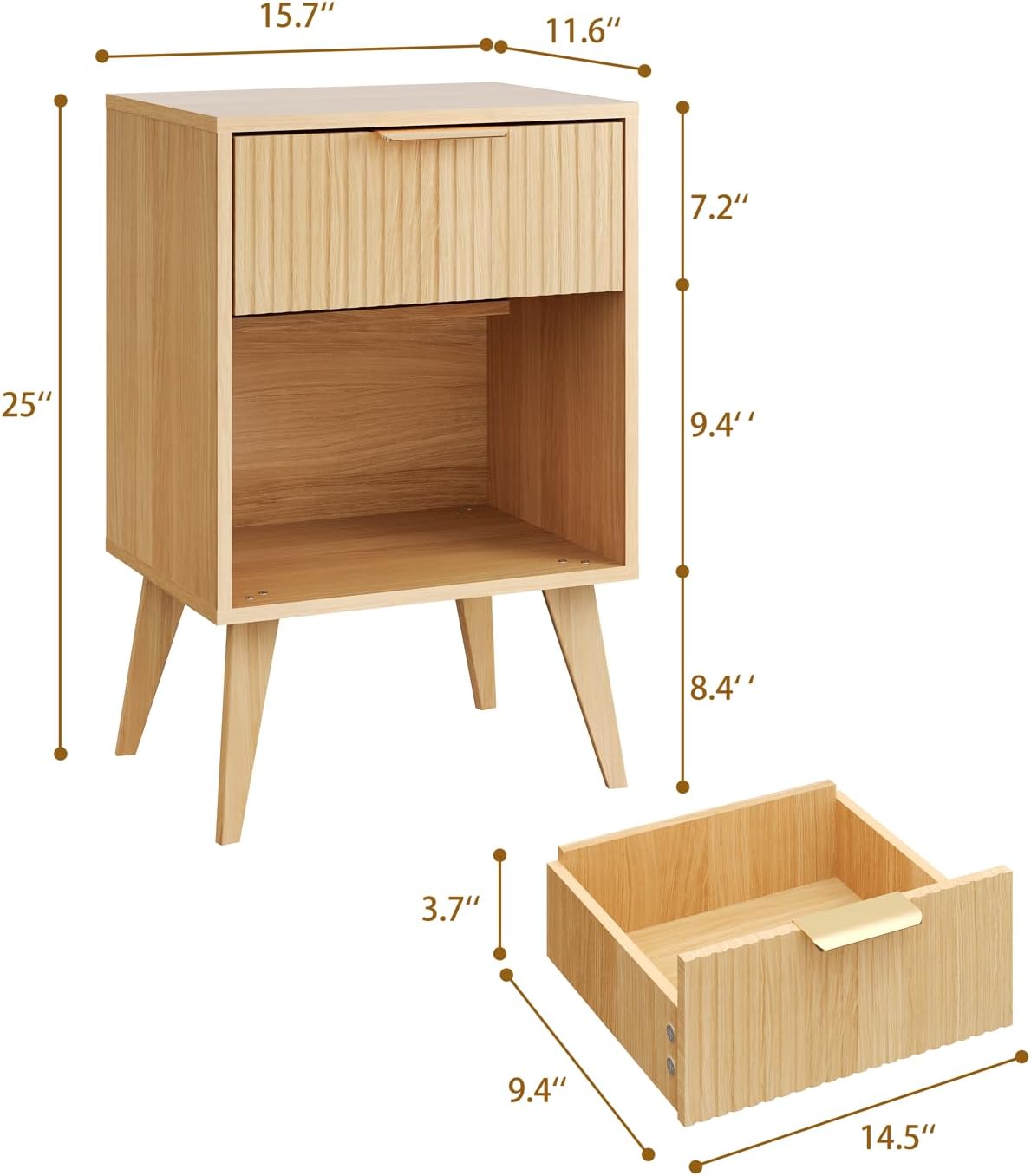 YAUKOMEL Fluted Night Stand with Opening Storage,Mid Century Bedside Table with Drawer,Wood Nightstand with Solid Wood Legs,End Table Side Table for Living Room,Bedroom,Natural CTG56Y