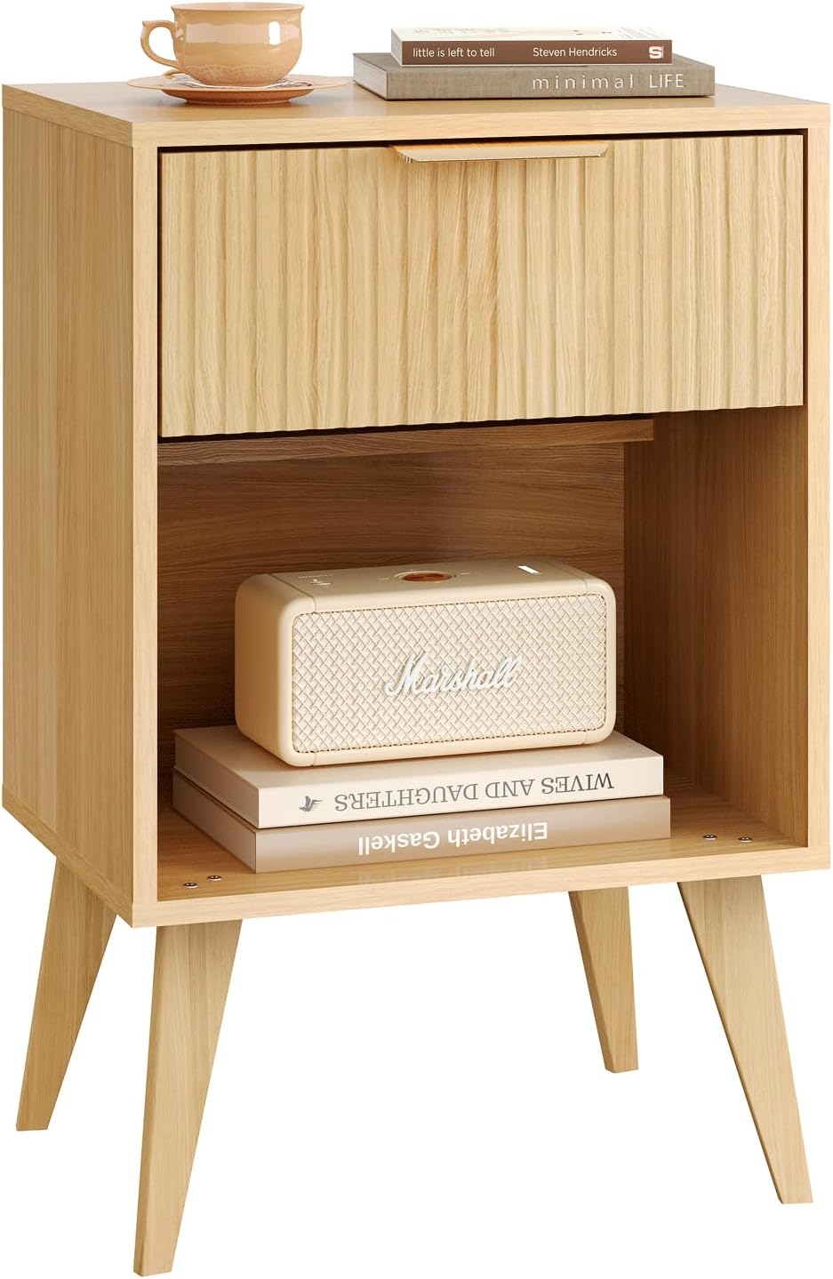 Alternative view of YAUKOMEL Fluted Night Stand with Opening Storage,Mid Century Bedside Table with Drawer,Wood Nightstand with Solid Wood Legs,End Table Side Table for Living Room,Bedroom,Natural CTG56Y