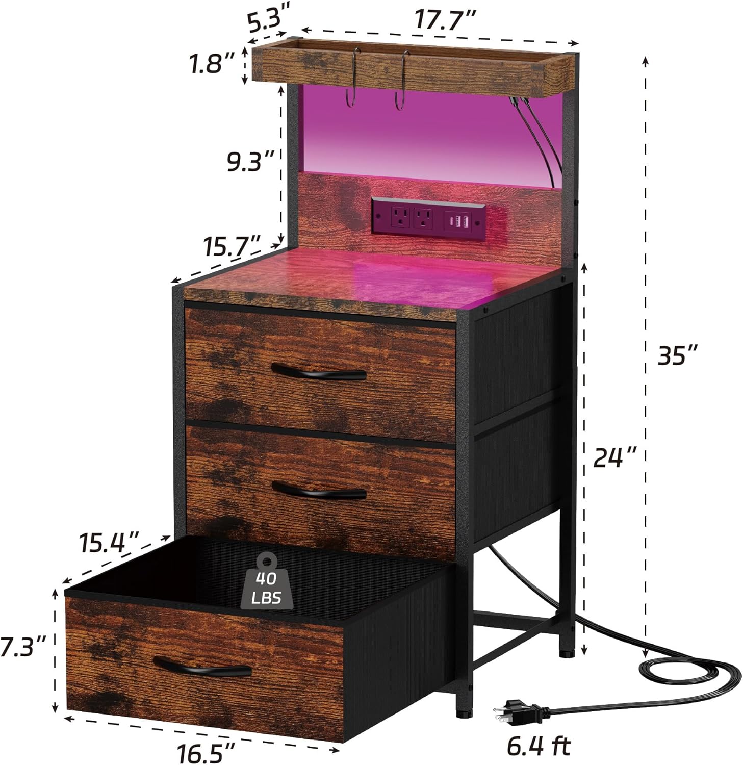 Alternative view of SZLHANJZ Nightstands Set of 2, End Table with LED Light and Charging Station Type C, 3 Drawers Storage Dresser Night Stand with Hooks, Tall Bed Side Table for Bedroom Dorm, Rustic Brown