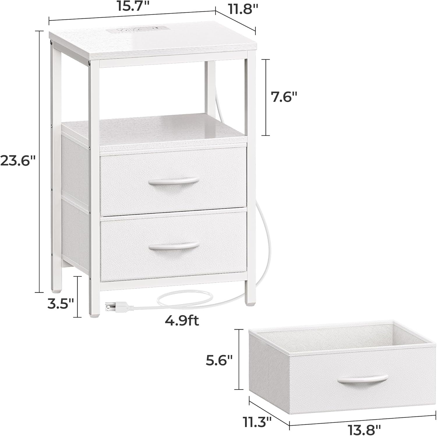 Alternative view of Huuger Nightstand with Charging Station, Side Table with 2 Fabric Drawers, End Table with Open Shelf, Bedside Table with USB-C Port and Outlets, Night Stand, PU Leather, White