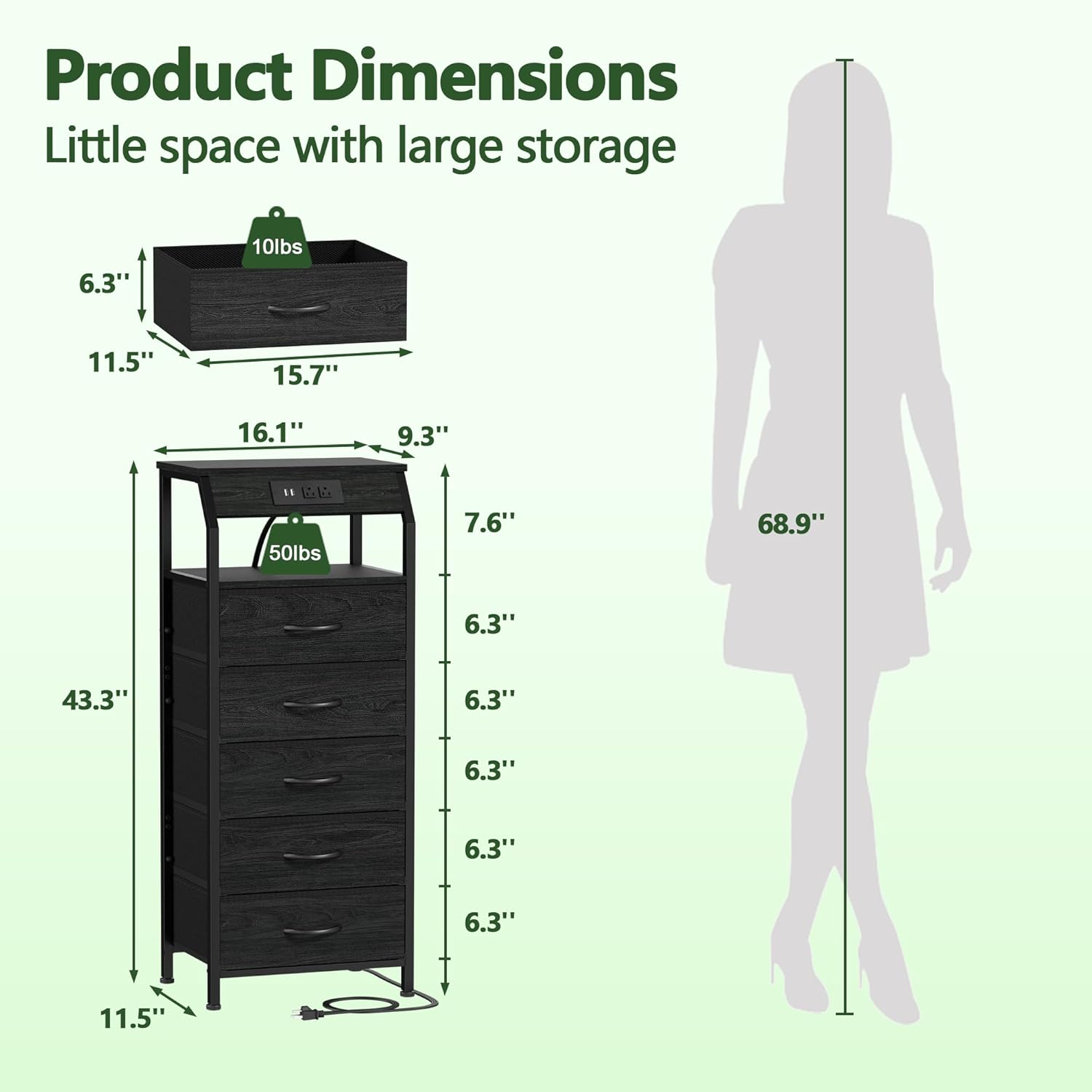 Alternative view of Furnulem 5 Drawers Dresser with Charging Station, Fabric Chest of Drawers with Open Shelf, Tall Night Stand, Bedside Table for Closet, Entryway, Bedroom Furniture, 3 Ways to Use, Black Oak