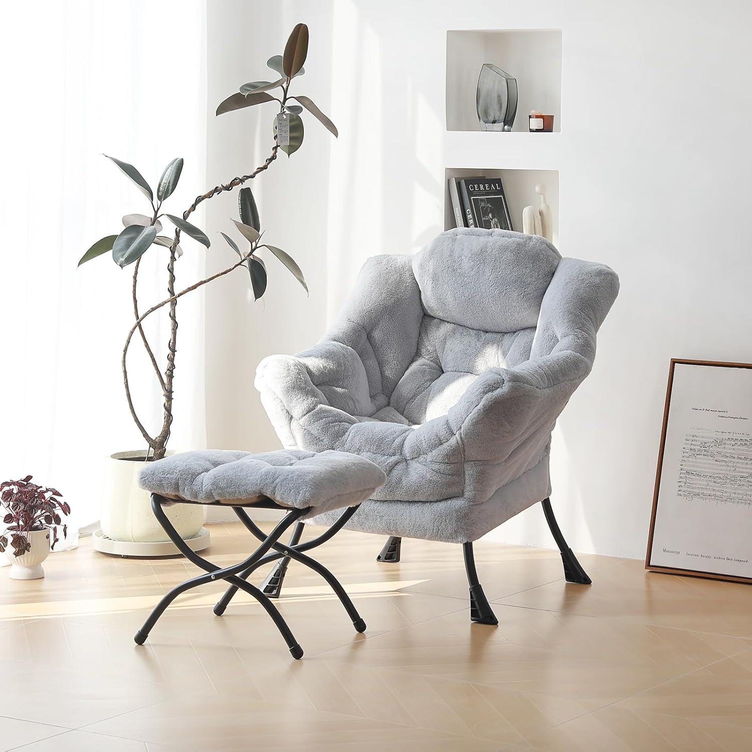 Givjoy Plush Lazy Chair and Ottoman, Large Light Grey Contemporary Accent Lounge Chair with a Side Pocket, Modern Leisure Upholstered Reading Armchair with Footrest for Office, Bedroom, Living Room