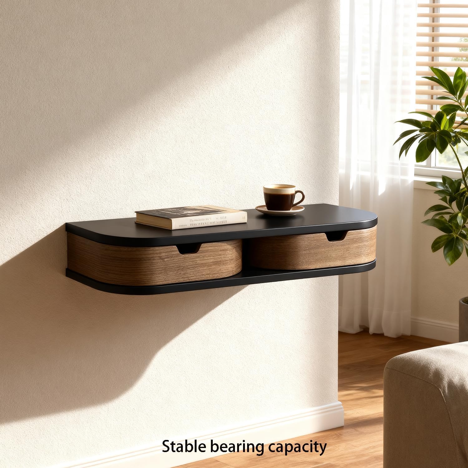 GUJIKE Floating Nightstand, Wall Mounted Bedside Shelf, Handmade Bedroom Furniture,21 Inch Bedside Table, Nightstand with Drawer (Black, Double Drawers)