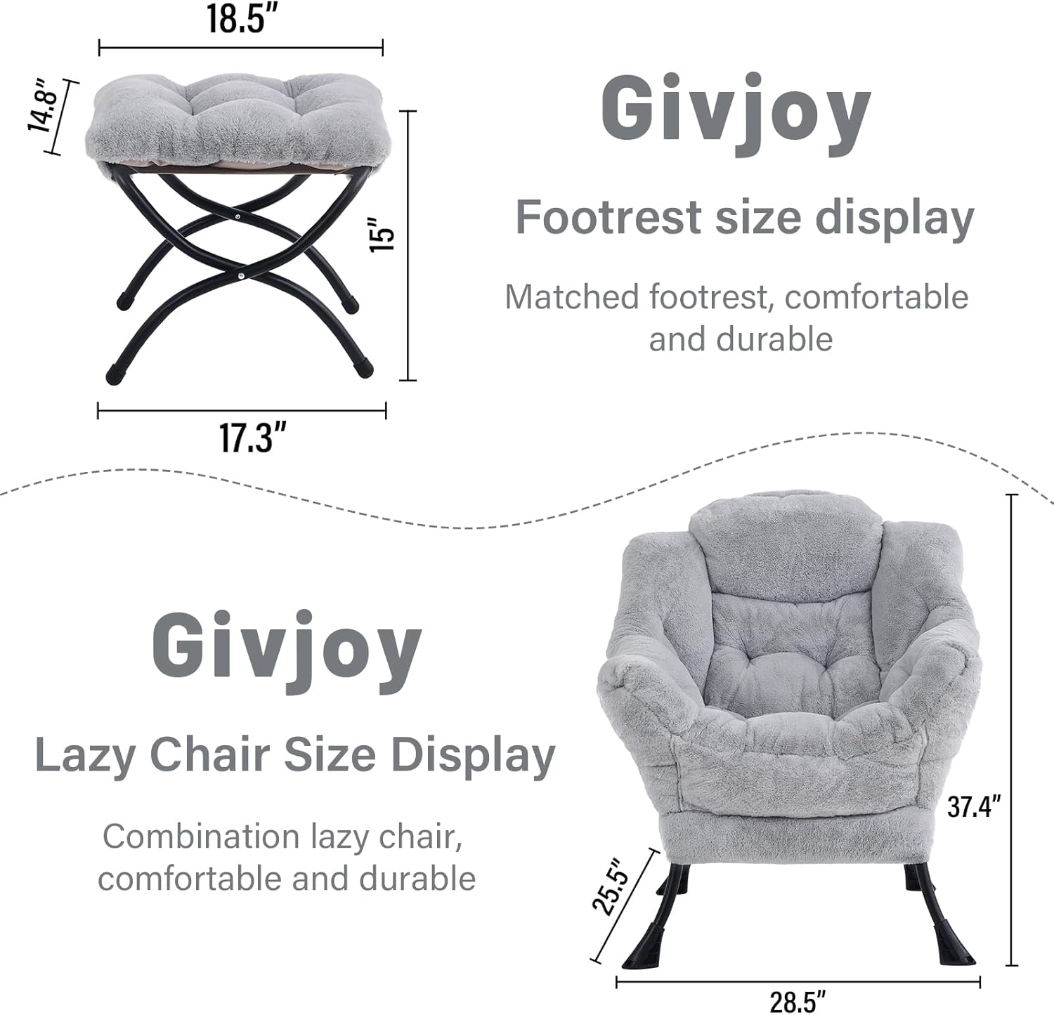 Alternative view of Givjoy Plush Lazy Chair and Ottoman, Large Light Grey Contemporary Accent Lounge Chair with a Side Pocket, Modern Leisure Upholstered Reading Armchair with Footrest for Office, Bedroom, Living Room