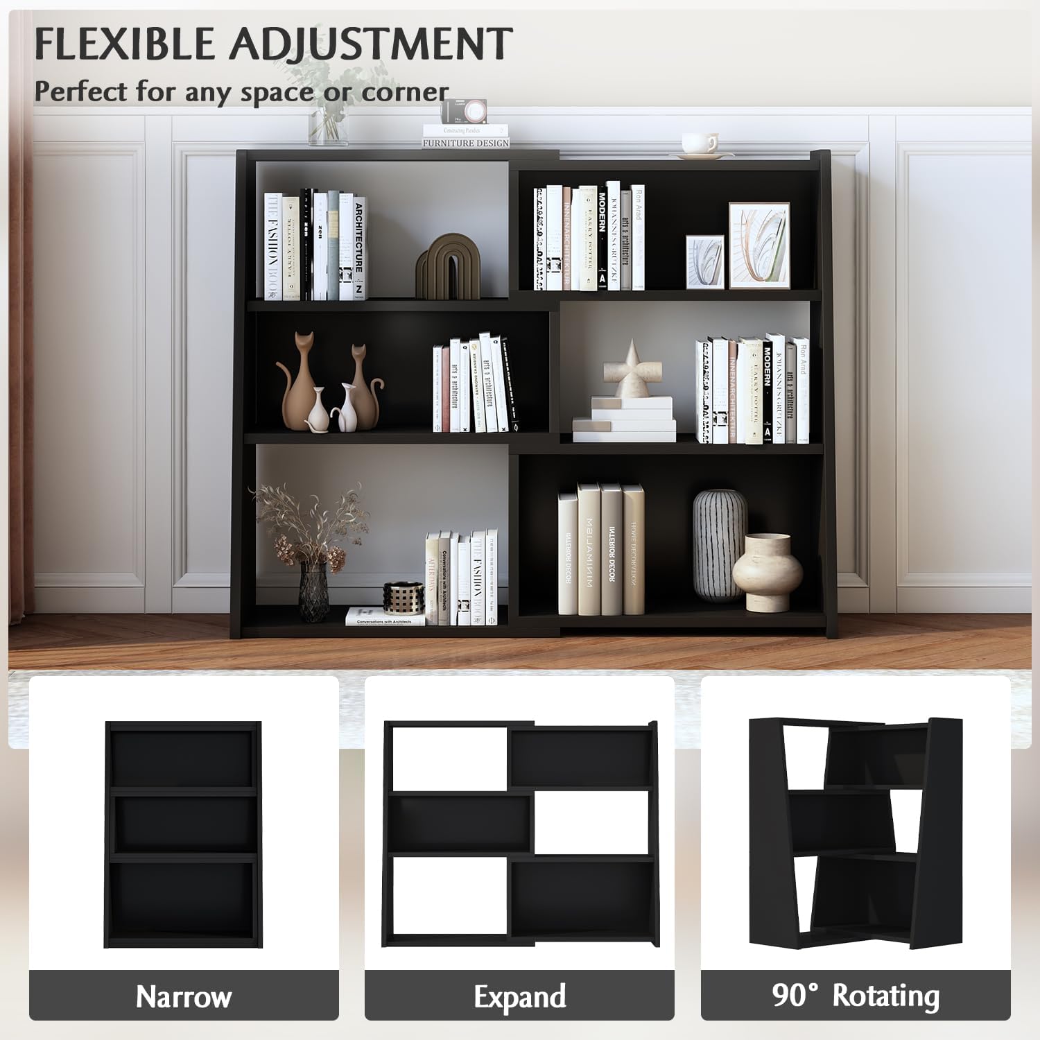 Alternative view of IOTXY Wooden Extendable Shelf Bookcase - 3-Tier Ladder Low Short Bookshelf for Small Space or Corner, Black, S