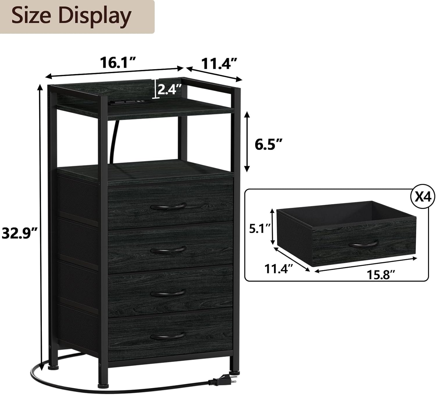 Alternative view of Furnulem Night Stand with Charging Station, Black Nightstand with Drawers and Led Light, Tall Dresser for Bedroom, Bedside Table with Fabric Storage Bins, Metal Frame, Wood Furniture