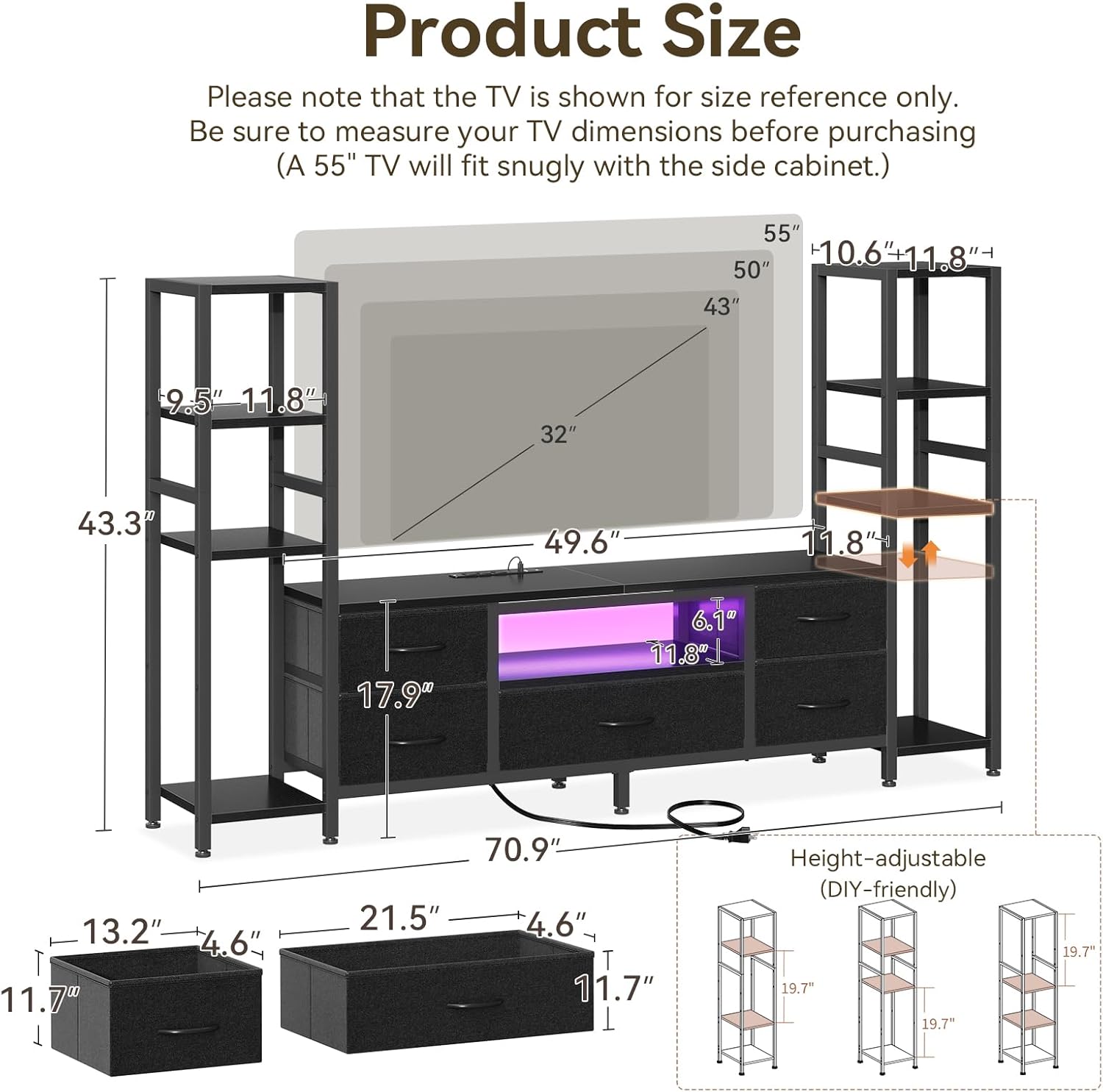 Casaottima TV Stands for 40/43/50 Inch TV, Entertainment Center with LED Lights & Power Outlets, TV Stand Living Room with 5 Fabric Drawers, TV Console Cabinet for Bedroom, Black