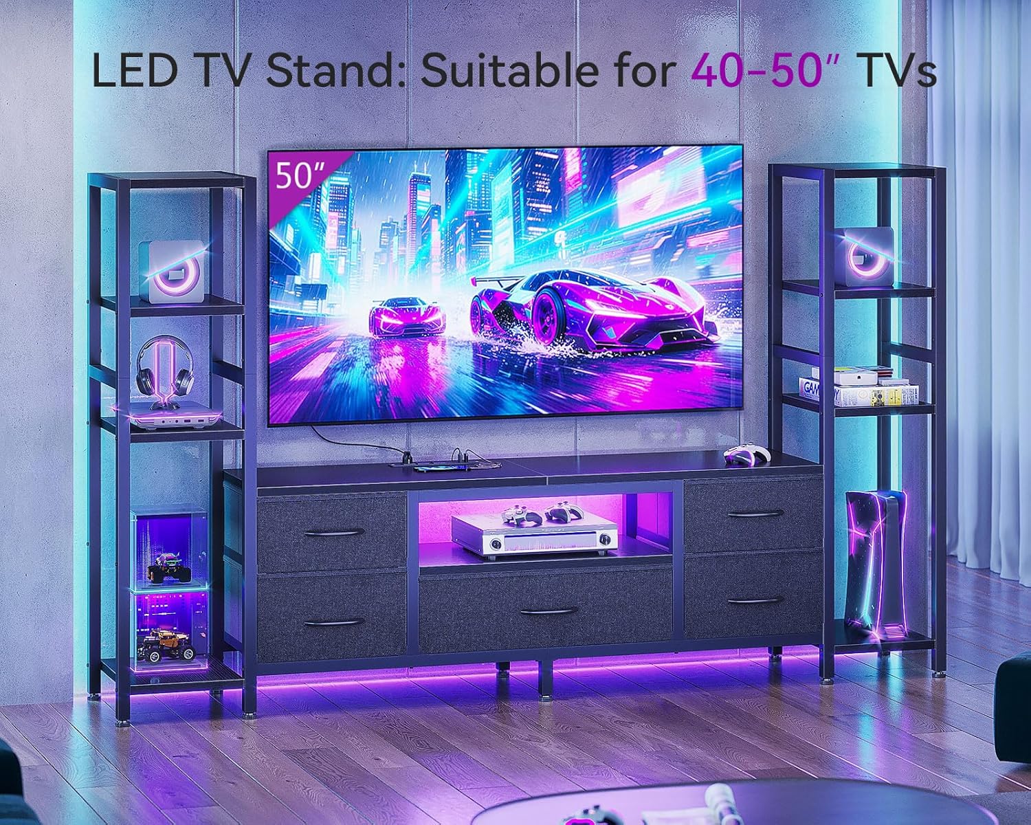 Alternative view of Casaottima TV Stands for 40/43/50 Inch TV, Entertainment Center with LED Lights & Power Outlets, TV Stand Living Room with 5 Fabric Drawers, TV Console Cabinet for Bedroom, Black