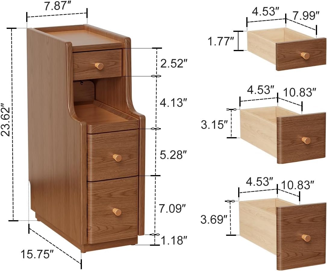 Narrow Nightstand with 3 Drawers,Solid Wood Narrow Bedside Table Walnut, Modern Skinny Nightstand for Bedroom(Fully Assembly)