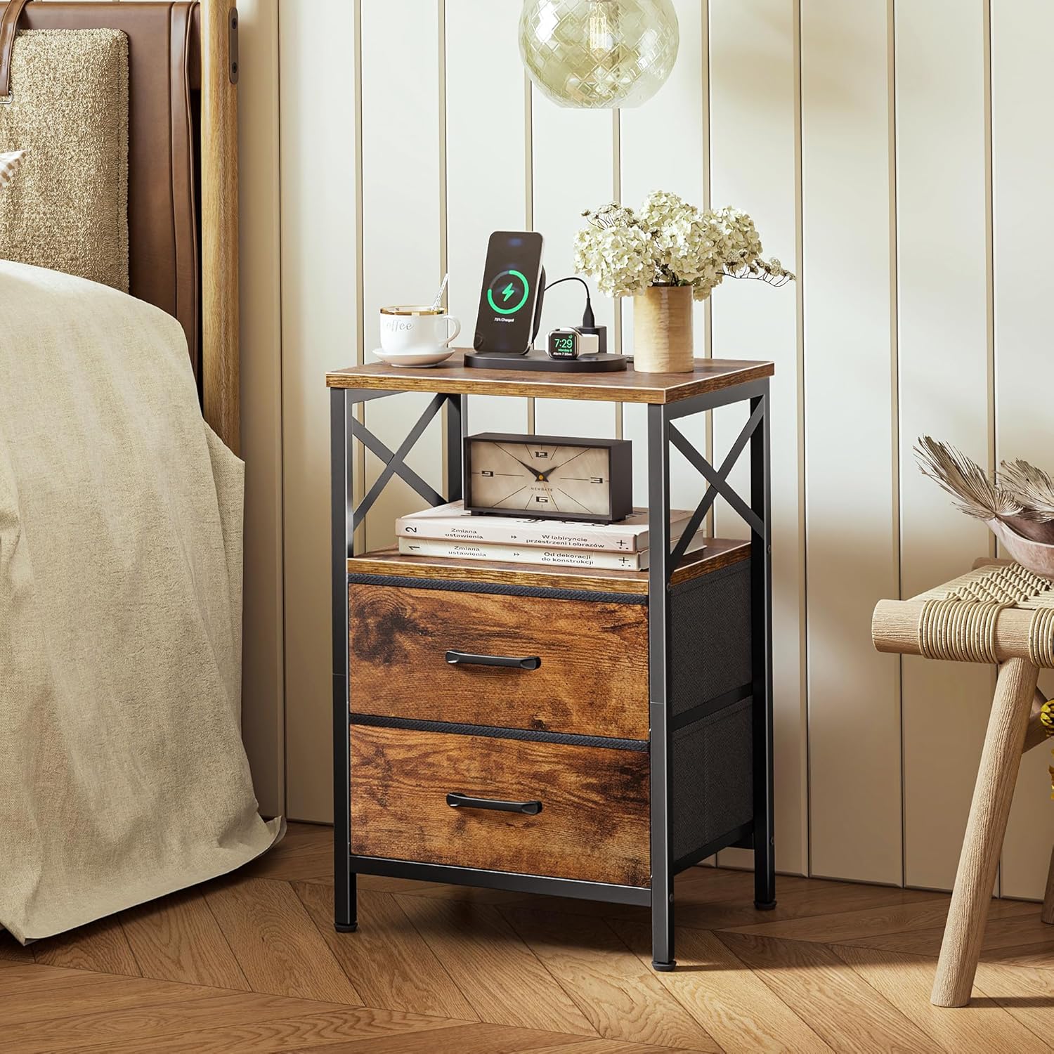 Huuger Nightstands Set of 2, Night Stand with Charger Station, 2 Drawer Side Table with Open Shelf, USB-C Port, End Table for Small Spaces, X Shaped Side Rail, Rustic Brown