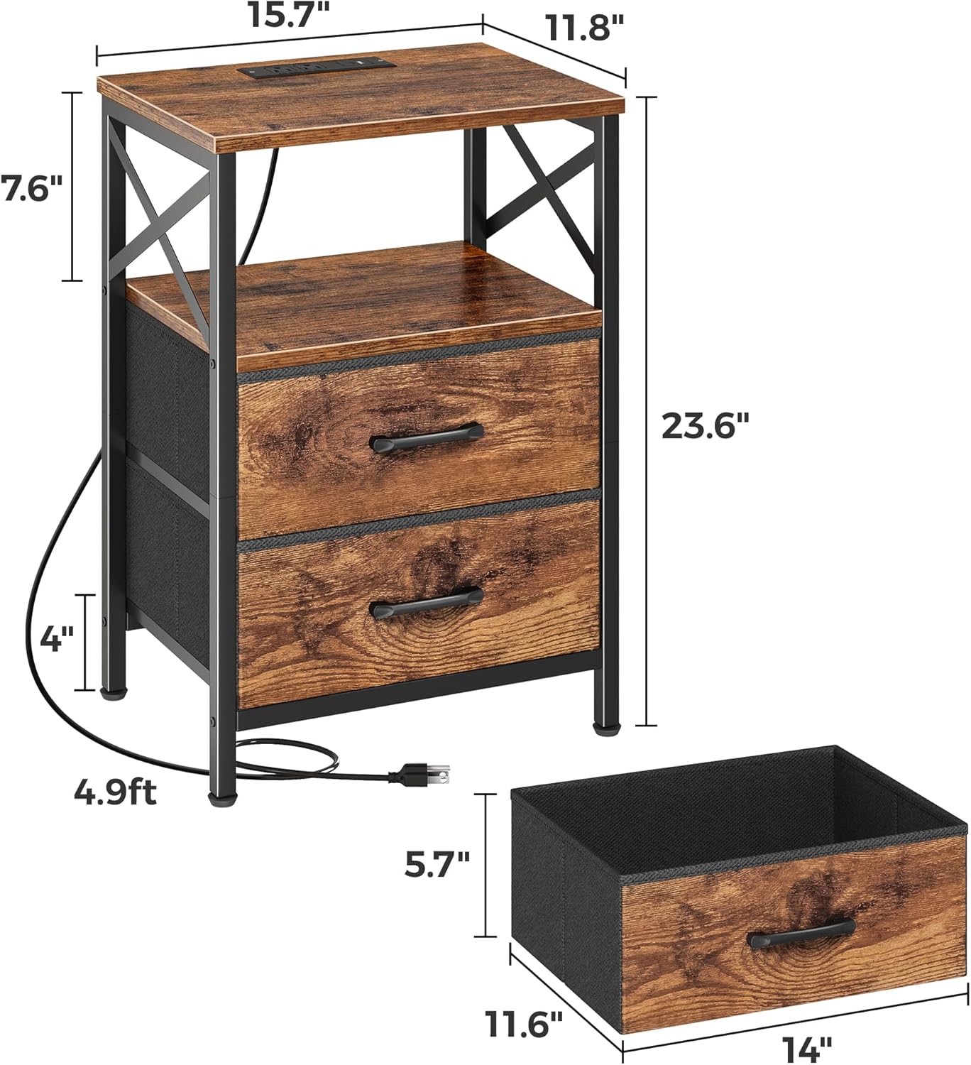 Alternative view of Huuger Nightstands Set of 2, Night Stand with Charger Station, 2 Drawer Side Table with Open Shelf, USB-C Port, End Table for Small Spaces, X Shaped Side Rail, Rustic Brown