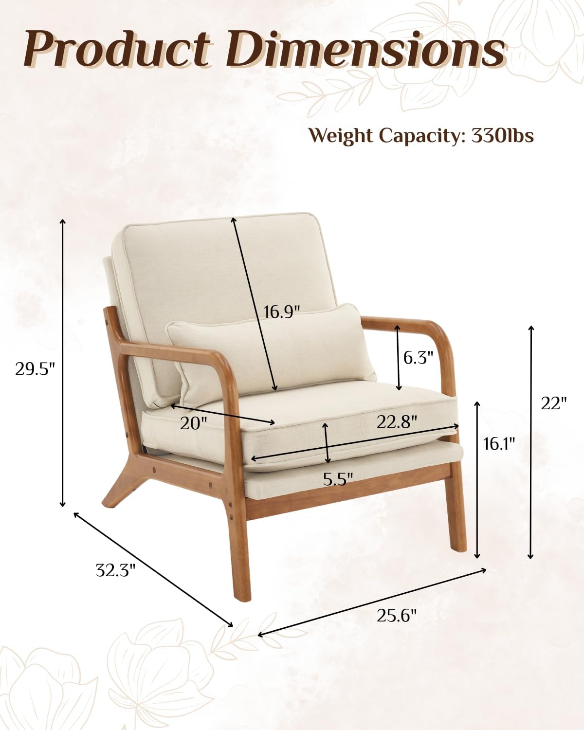 Karl home Accent Chair Mid-Century Modern Chair with Pillow Linen Fabric Upholstered Lounge Arm Chair with Solid Wood Frame & Soft Cushion for Living Room, Bedroom, Balcony, Beige