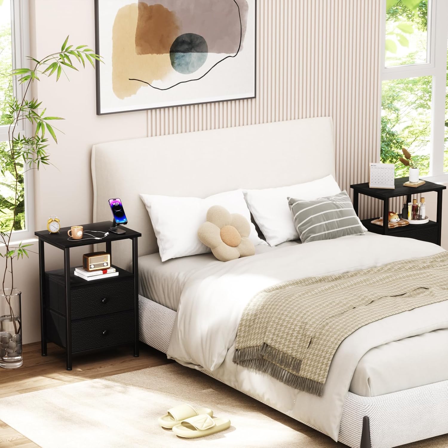 LOAKEKEL Night Stand Set 2, Bed Side Table with 2 Fabric Drawers, Nightstand with Open Storage Shelf for Bedroom, Small End Tables Living Room, Black, HETS002BK