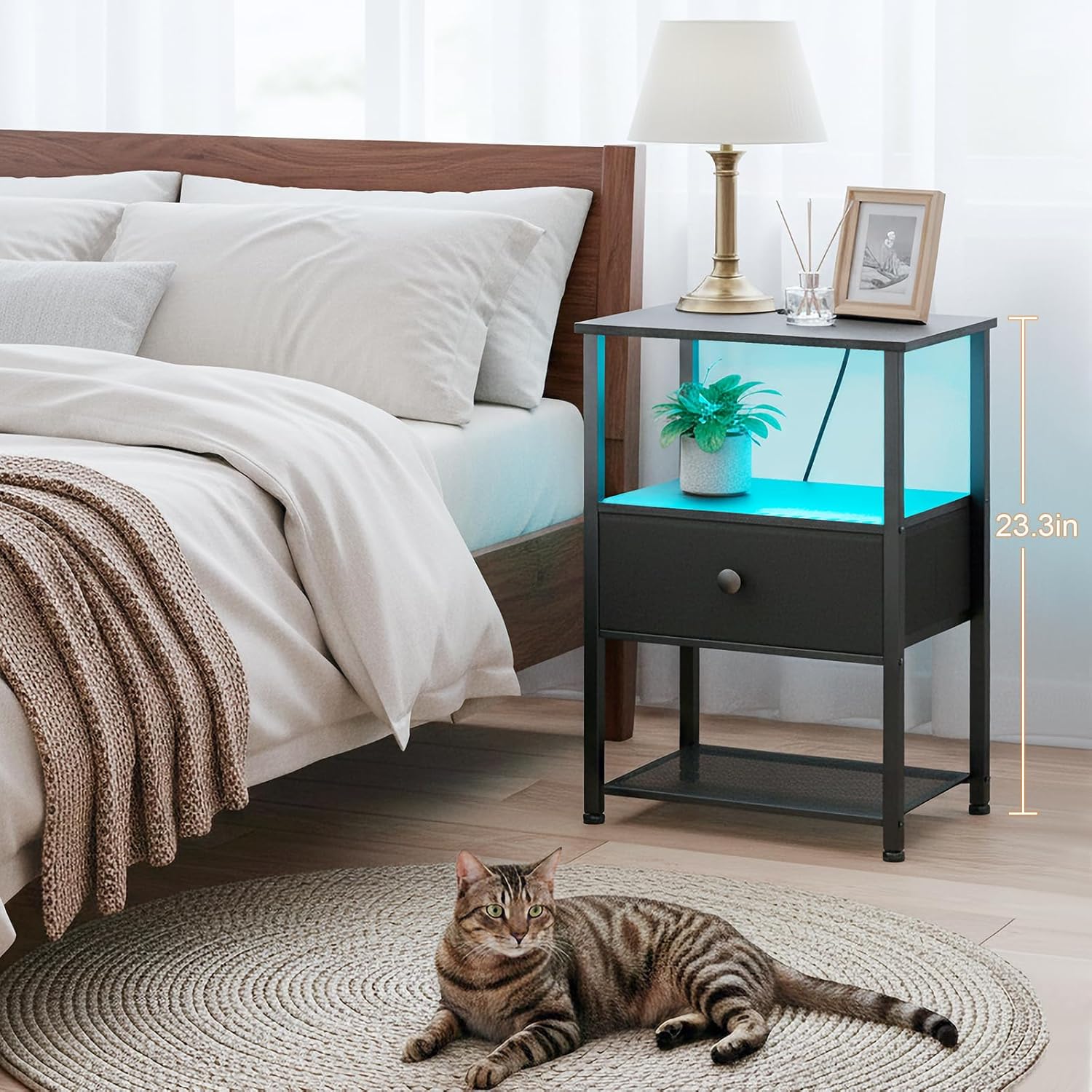 LOAKEKEL Night Stand Set 2, LED Nightstand with Charging Station, End Tables Living Room with Fabric Drawer, Small Bed Side Tables for Bedroom, Small Space, Black, HETS01BK