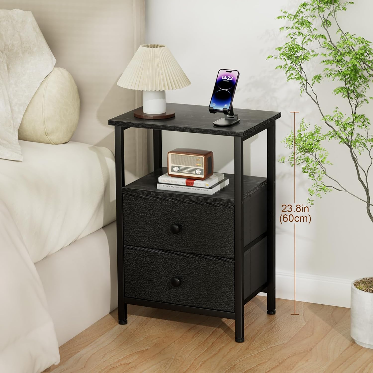 Alternative view of LOAKEKEL Night Stand Set 2, Bed Side Table with 2 Fabric Drawers, Nightstand with Open Storage Shelf for Bedroom, Small End Tables Living Room, Black, HETS002BK