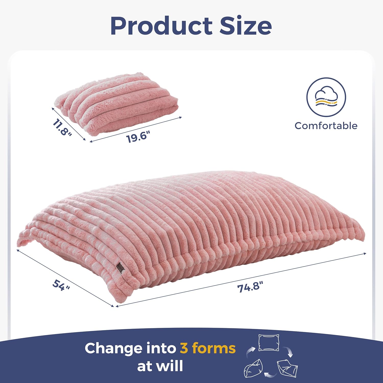 MAXYOYO Giant Bean Bag Chair with Pillow, 3 in 1 Convertible Bean Bag Chair for Adults with Removable Cover, Floor Cushion Stuffed Floor Lounger for Living Room Bedroom, Pink