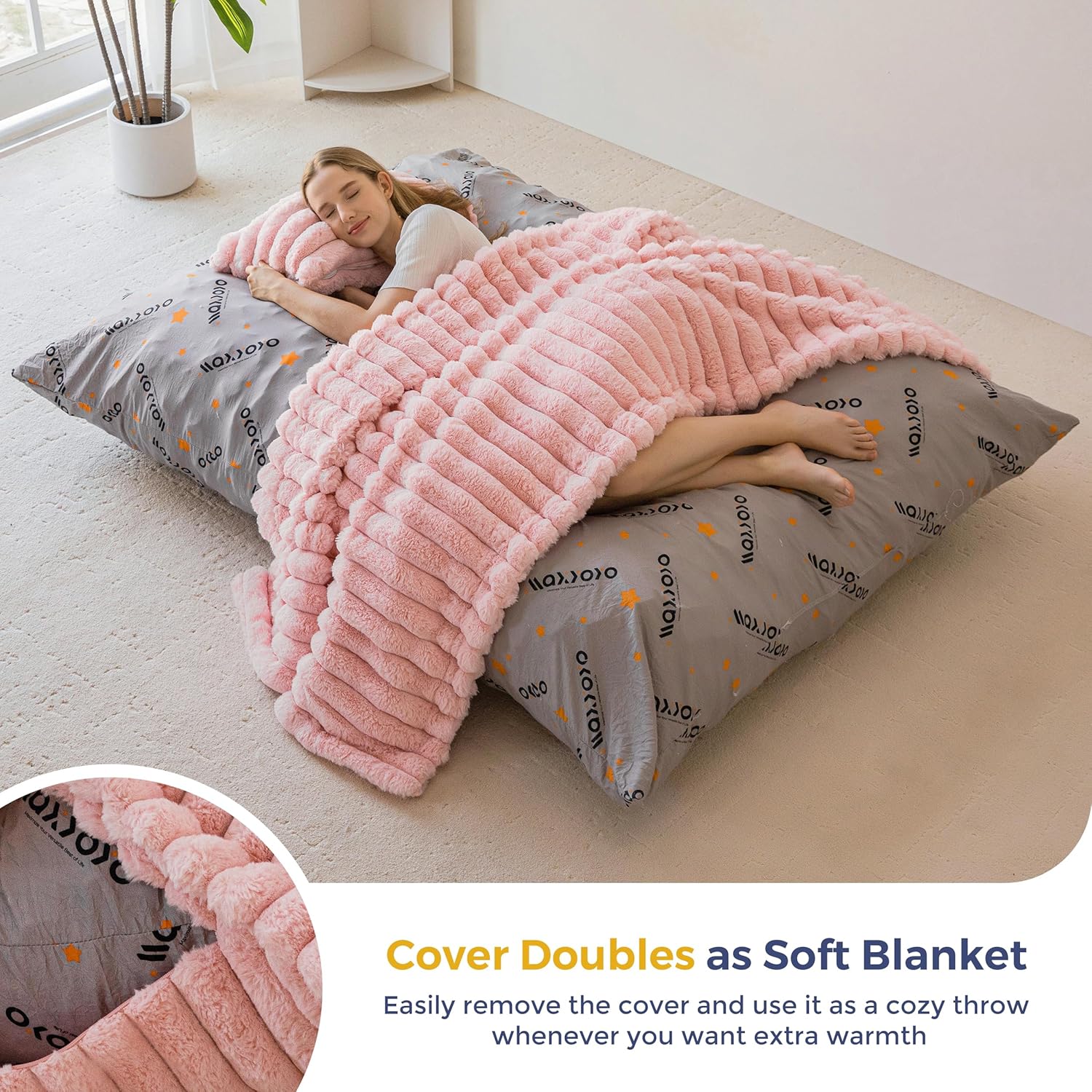 Alternative view of MAXYOYO Giant Bean Bag Chair with Pillow, 3 in 1 Convertible Bean Bag Chair for Adults with Removable Cover, Floor Cushion Stuffed Floor Lounger for Living Room Bedroom, Pink