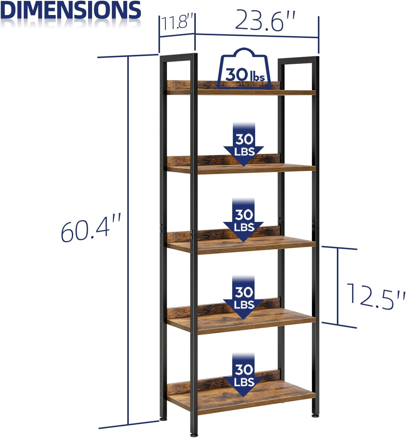 Alternative view of NUMENN Bookshelf, 5 Tier Bookshelves, Home Office Bookcase Shelf Storage Organizer, Free Standing Storage Shelving Unit for Bedroom, Living Room and Home Office, Vintage