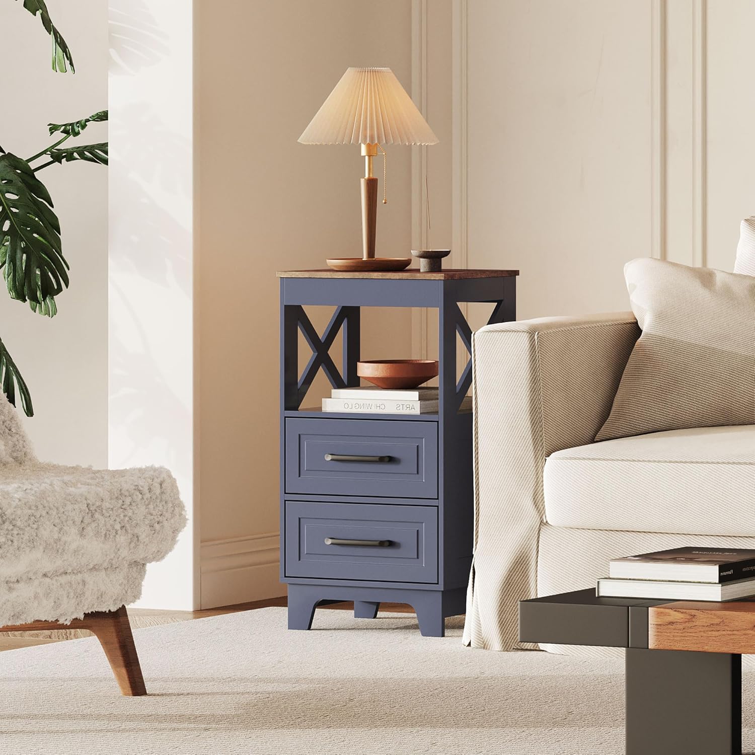 ZYKZYK Tall Nightstand Set of 2 Side Table with 2 Drawers Modern Night Stand Wooden Rustic End Table Bedside Table with Upper Open Shelf Solid Feet for Bedroom,Navy Blue+Walnut