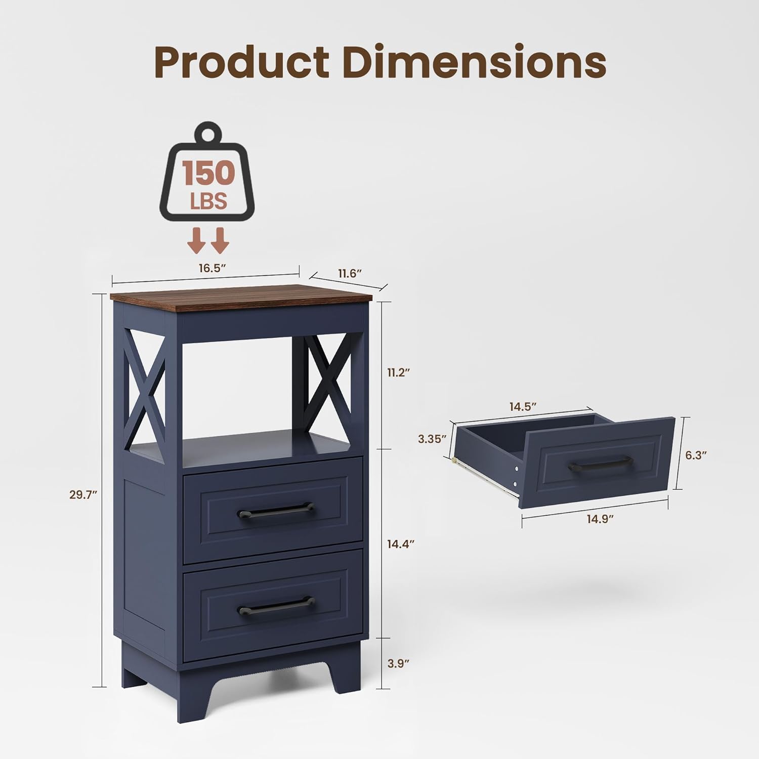 Alternative view of ZYKZYK Tall Nightstand Set of 2 Side Table with 2 Drawers Modern Night Stand Wooden Rustic End Table Bedside Table with Upper Open Shelf Solid Feet for Bedroom,Navy Blue+Walnut