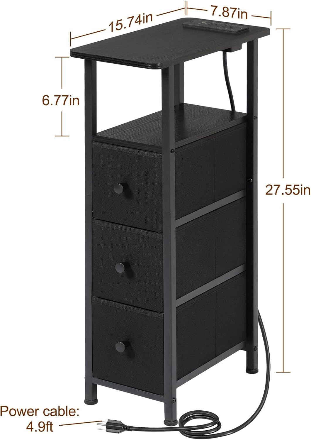 Alternative view of LOAKEKEL Narrow End Tables Living Room Set of 2 with Charging Station, Skinny Side Table with Fabric Drawers, Slim Nightstand for Bedroom, Small Spaces, Couch, Black, HETNDP03BK