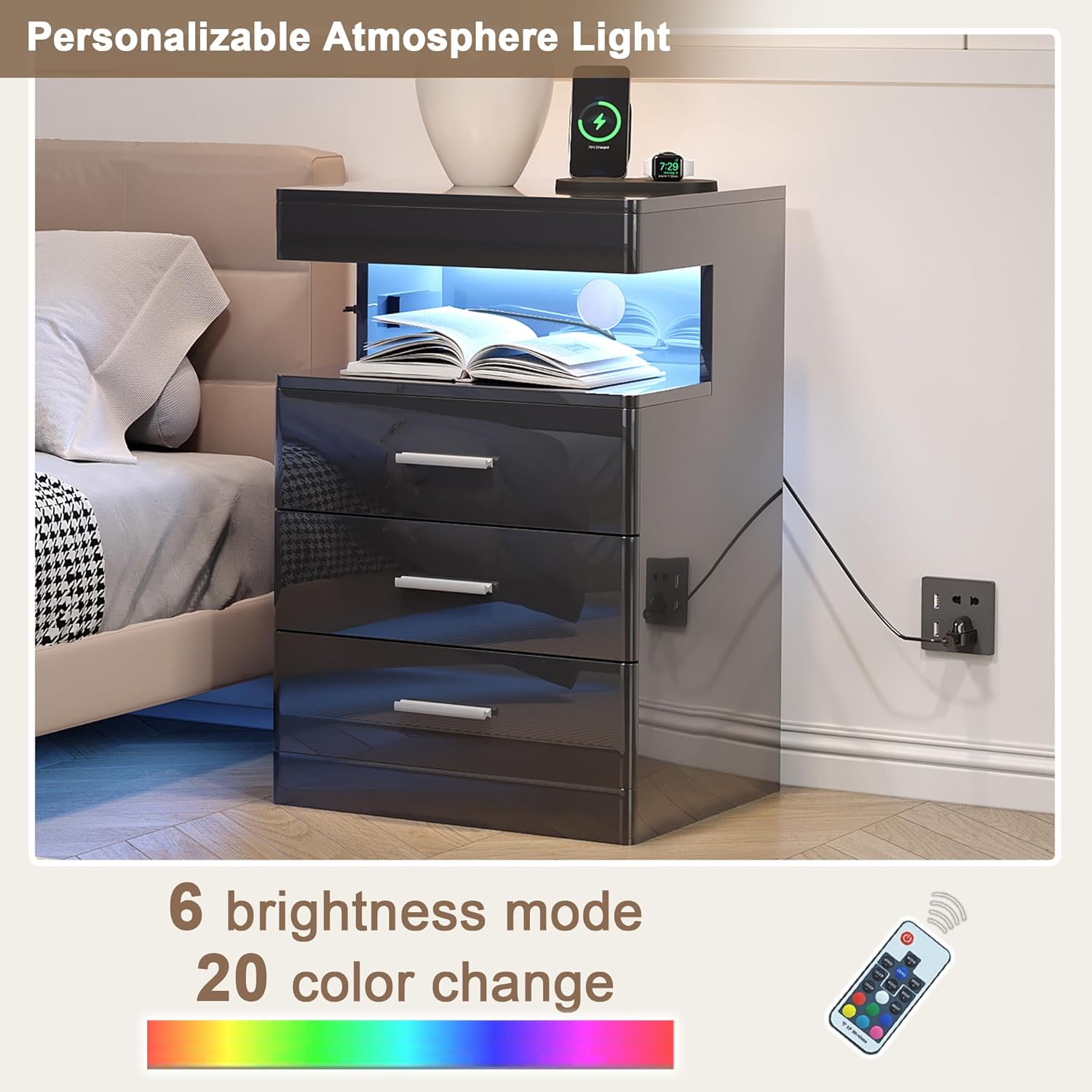 Alternative view of Treocho Led Nightstand with Hidden Space, Modern Night Stand with Charging Station, 3 Drawer Smart Nightstand with Glossy Finish, Tall Bedside Table with RGB Lights for Bedroom, Black