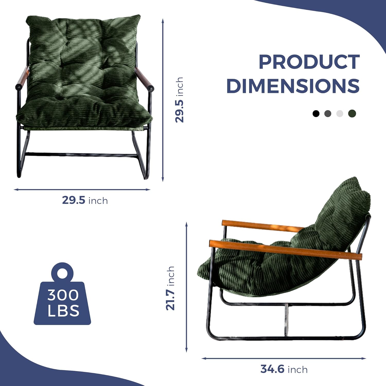 MAXYOYO Modern Accent Chair, Comfy Living Room Chair with Metal Frame Wooden Armrest, Upholstered Armchair with Soft Cushion for Bedroom Balcony Lounge Reading Room, Dark Green