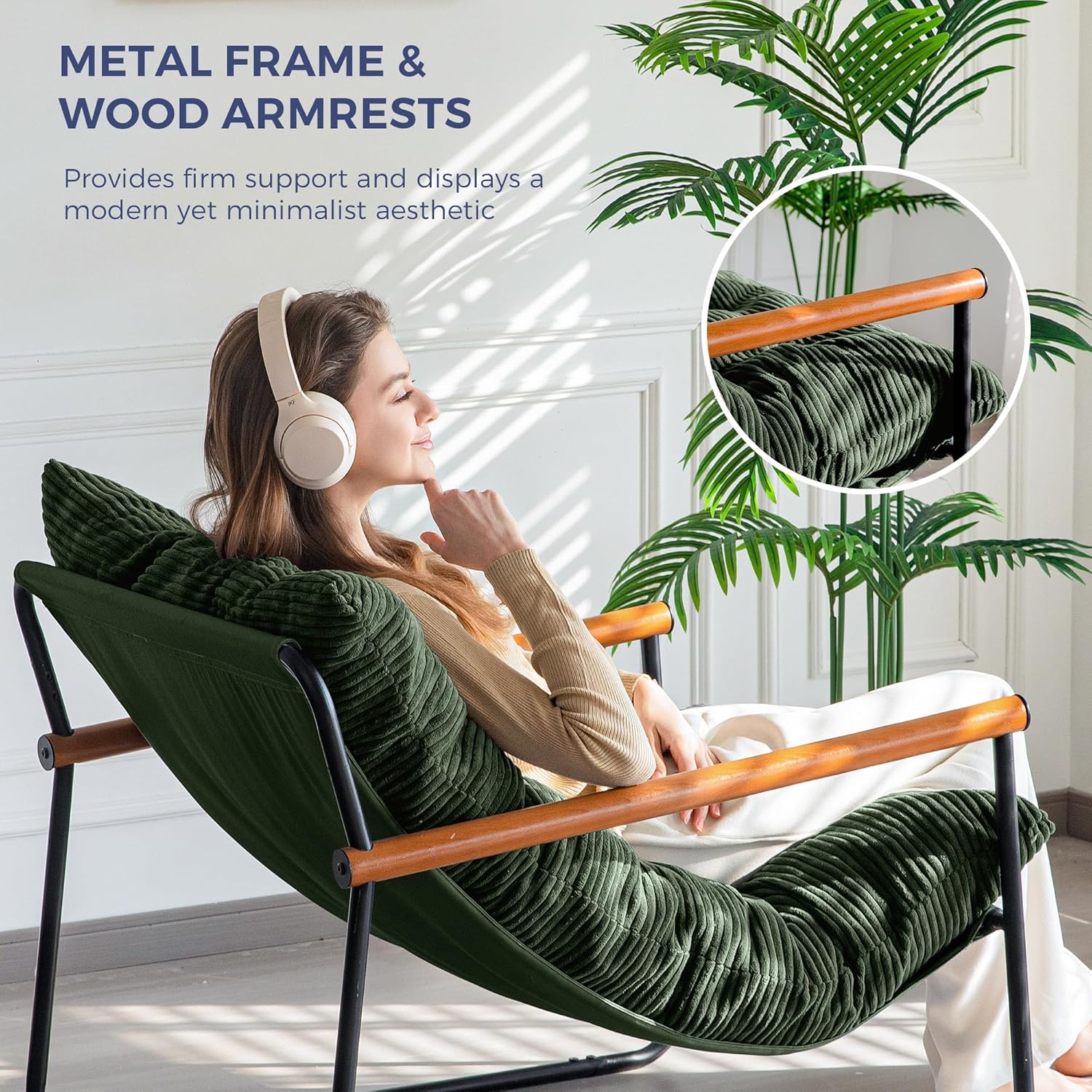 Alternative view of MAXYOYO Modern Accent Chair, Comfy Living Room Chair with Metal Frame Wooden Armrest, Upholstered Armchair with Soft Cushion for Bedroom Balcony Lounge Reading Room, Dark Green