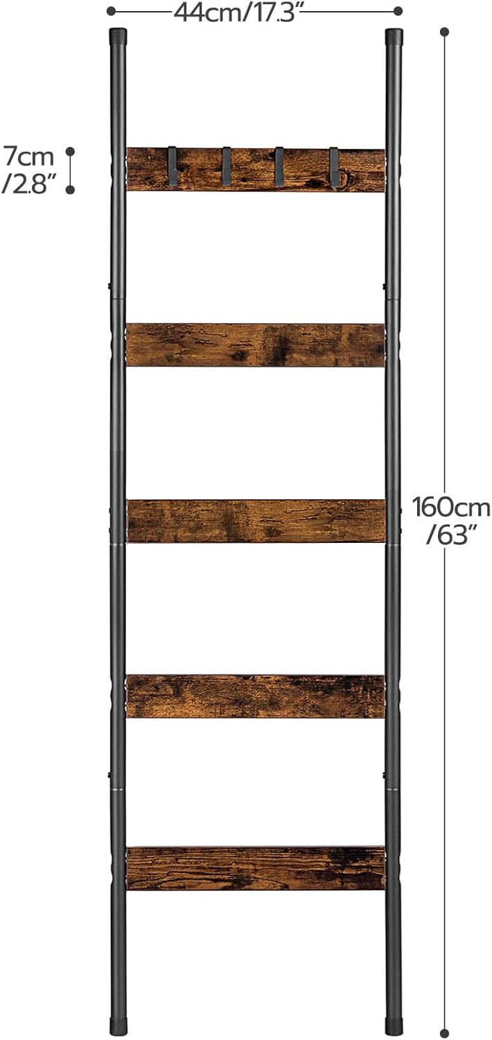 Alternative view of HOOBRO Blanket Ladder, 5-Tier Towel Rack with Hooks, Wall-Leaning Blanket Rack, Decorative Display Ladder Shelf, for Scarves, Industrial, Living Room, Bedroom, Rustic Brown and Black BF52CJ01