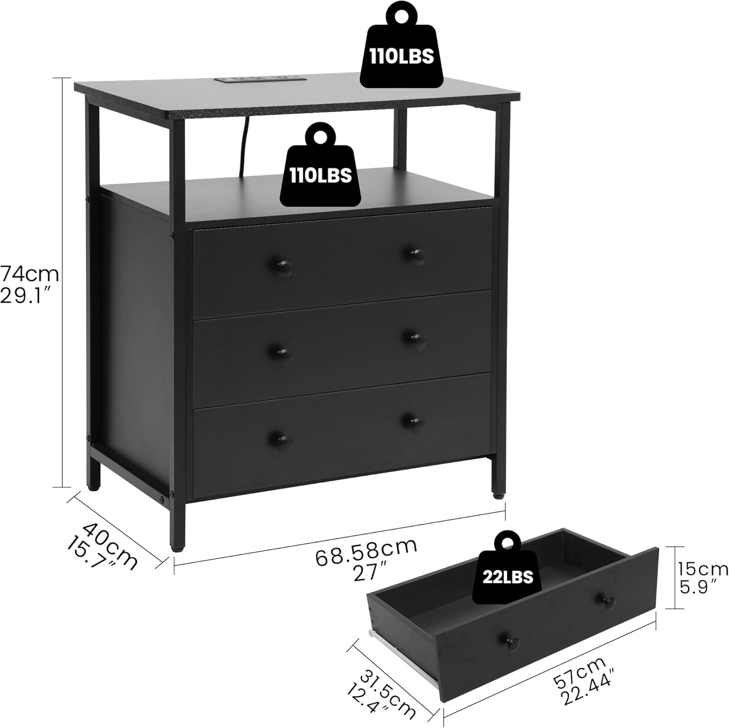 Alternative view of Edbuosy 3 Wooden Drawers Night Stand, 27 Inch Wide Nightstand with Charging Station and Adjustable Drawers, Small Dresser for Closet, Bedside Table for Living Room/Bedroom/Office