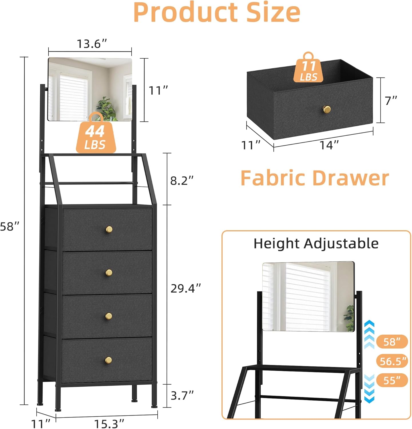 HIGDBFE Dresser with Mirror, 4 Drawers Dresser with 2-Tier Shelves, Freestanding Fabric Chest of Drawers for Small Space, Tall Narrow Nightstand Vanity for Bedroom, Hallway, Dorm, Black, 15.3" W