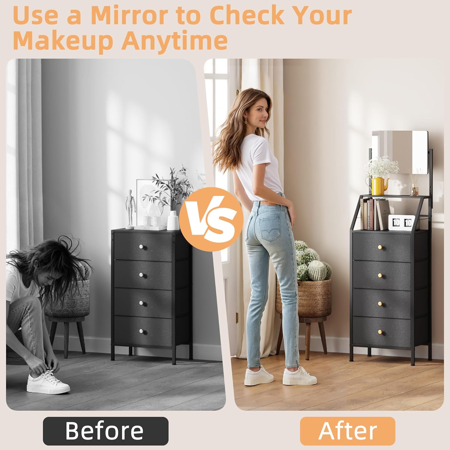 Alternative view of HIGDBFE Dresser with Mirror, 4 Drawers Dresser with 2-Tier Shelves, Freestanding Fabric Chest of Drawers for Small Space, Tall Narrow Nightstand Vanity for Bedroom, Hallway, Dorm, Black, 15.3" W